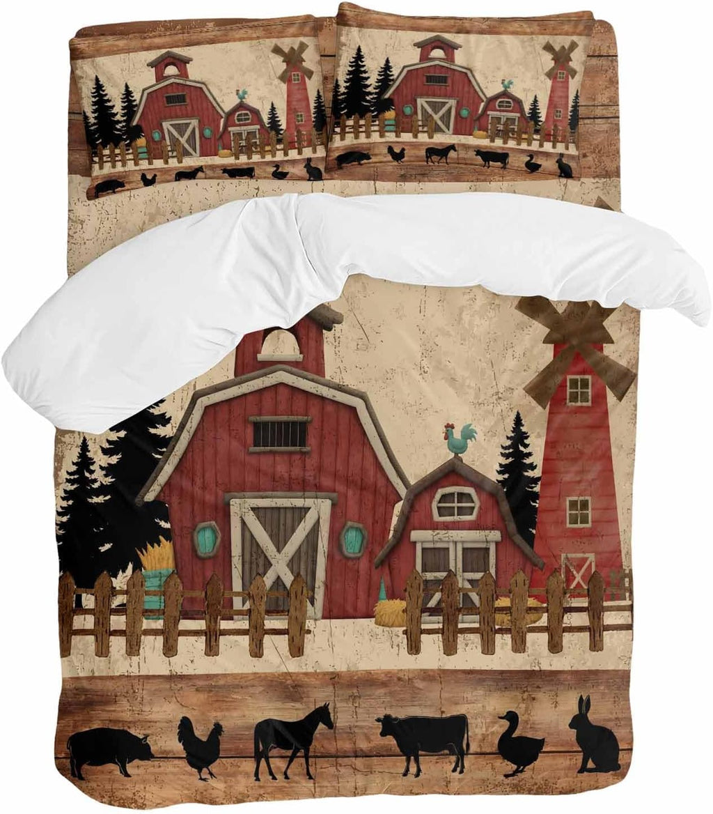 Red Farmhouse Duvet Cover Set Queen Size 4 Pieces Country Farm Barn Cow Pig Chicken Fence Tree Wood Grain Bedding Set with Zipper Closure, 1 Comforter Cover 92x106 Inches 1 Flat Sheet & 2 Pillow Cases