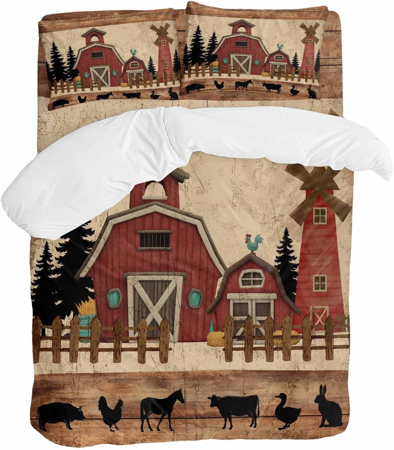 Red Farmhouse Duvet Cover Set Queen Size 4 Pieces Country Farm Barn Cow Pig Chicken Fence Tree Wood Grain Bedding Set with Zipper Closure, 1 Comforter Cover 92x106 Inches 1 Flat Sheet & 2 Pillow Cases