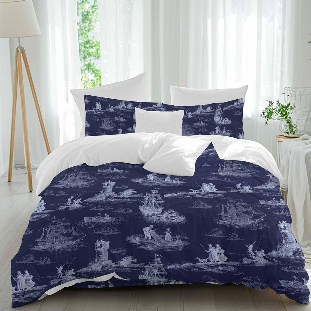Vintage Farmhouse Ocean Duvet Cover Set Queen Size 4 Pieces Country Nautical Blue Sea Ships Castles Map Bedding Set with Zipper Closure, 1 Comforter Cover 92x106 Inches 1 Flat Sheet & 2 Pillow Cases