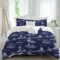 Vintage Farmhouse Ocean Duvet Cover Set Queen Size 4 Pieces Country Nautical Blue Sea Ships Castles Map Bedding Set with Zipper Closure, 1 Comforter Cover 92x106 Inches 1 Flat Sheet & 2 Pillow Cases