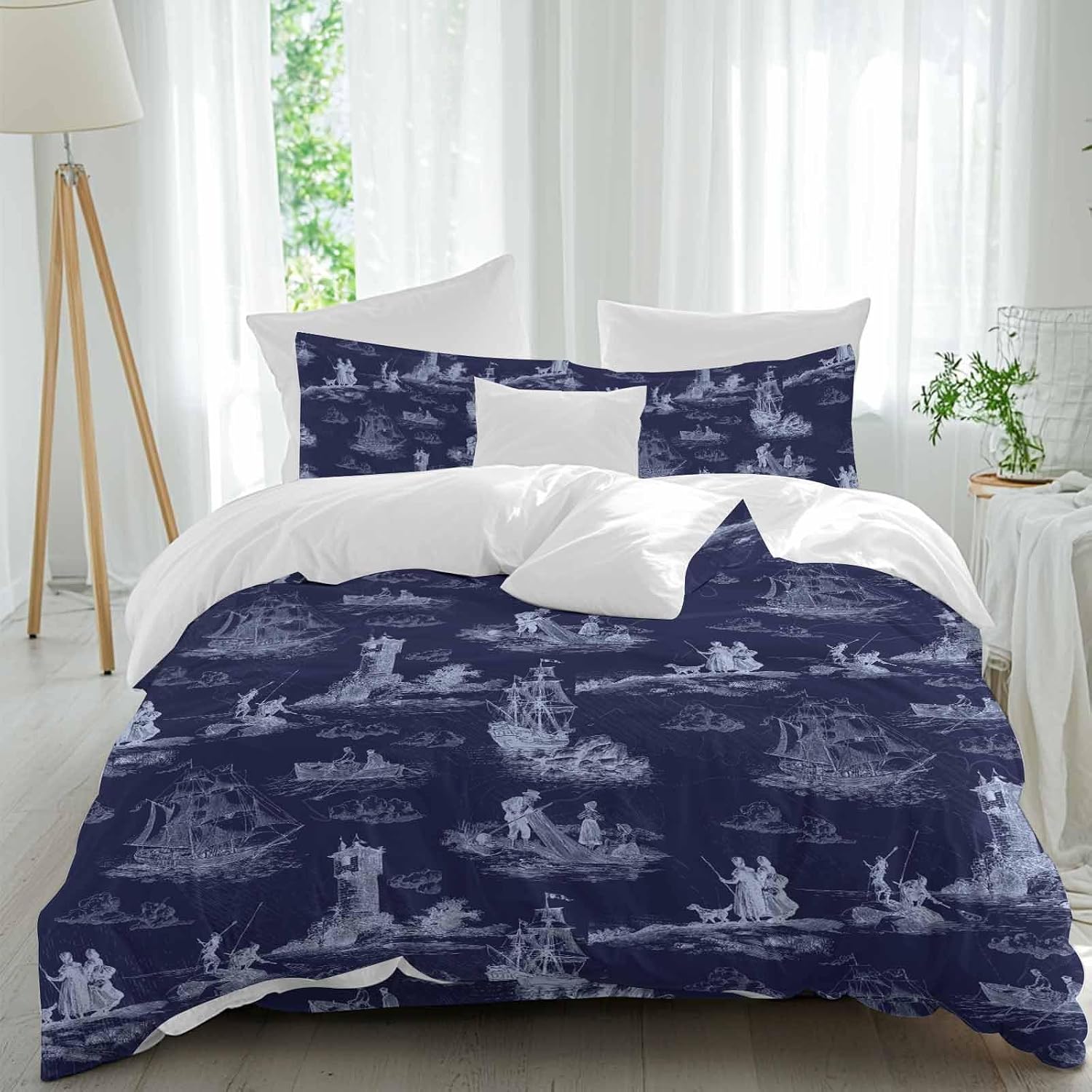 Vintage Farmhouse Ocean Duvet Cover Set Queen Size 4 Pieces Country Nautical Blue Sea Ships Castles Map Bedding Set with Zipper Closure, 1 Comforter Cover 92x106 Inches 1 Flat Sheet & 2 Pillow Cases
