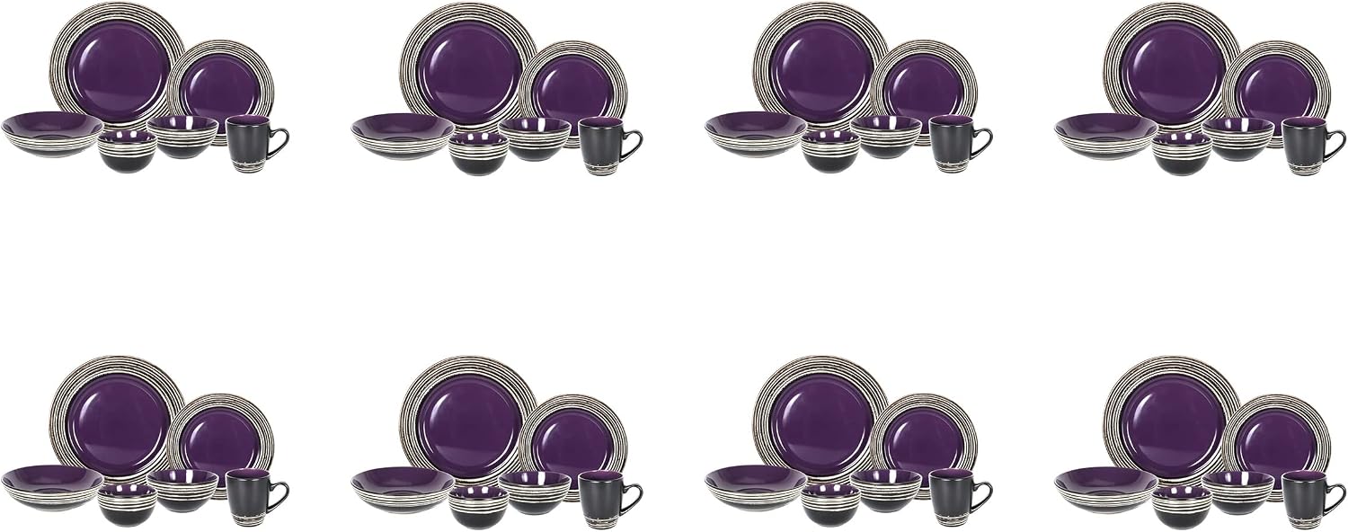 48 Piece Dinnerware Set, Ceramic Plates and Bowls Sets for 8, Microwave and Dishwasher Safe, Handcrafted Tree Bark Series Dish Set, Lavender/Purple