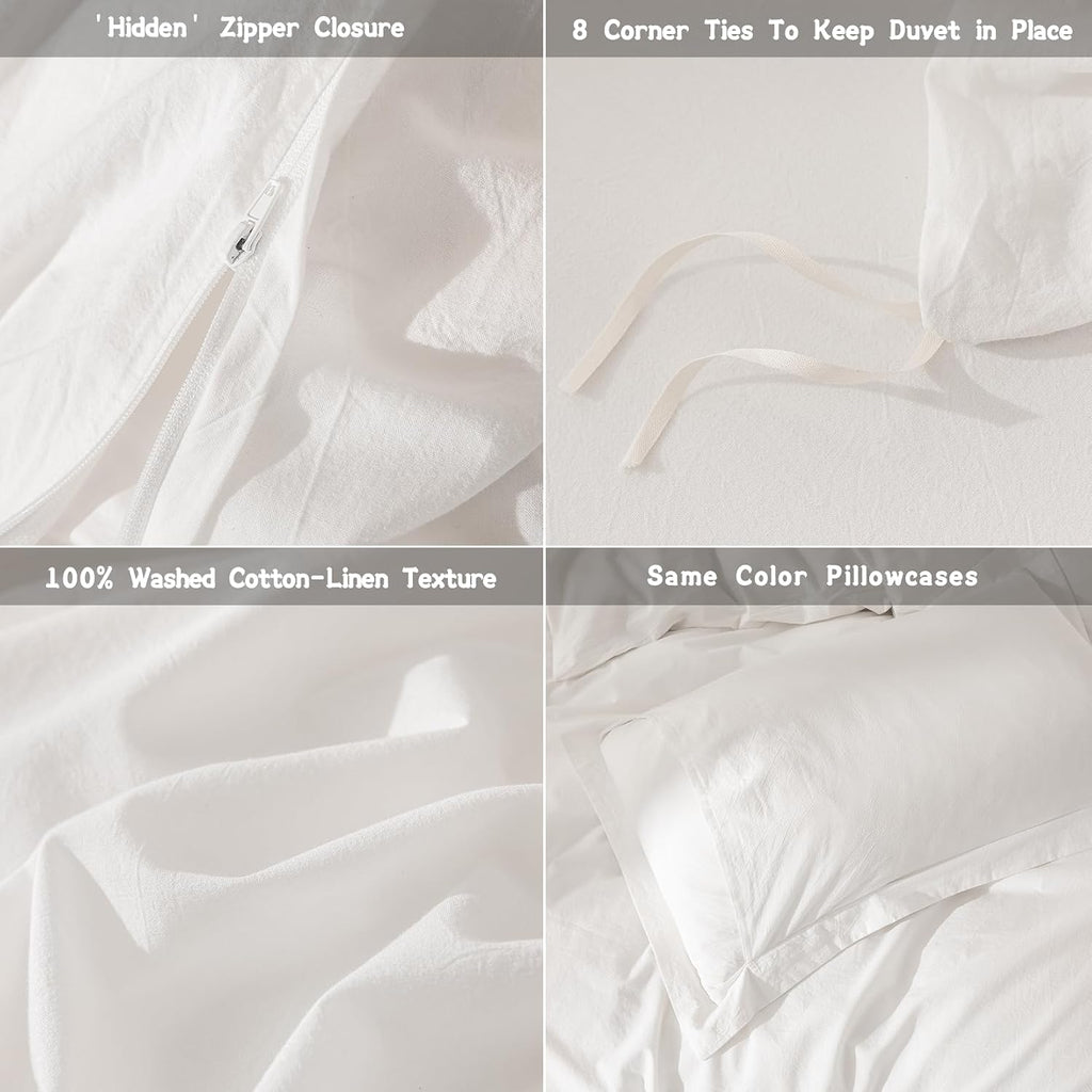 Linen Feel Duvet Cover Super King Plus Size 120inch x 120inch,100% Washed Cotton Duvet Cover with Zipper Closure and 2 Pillowcases, Color of Off White