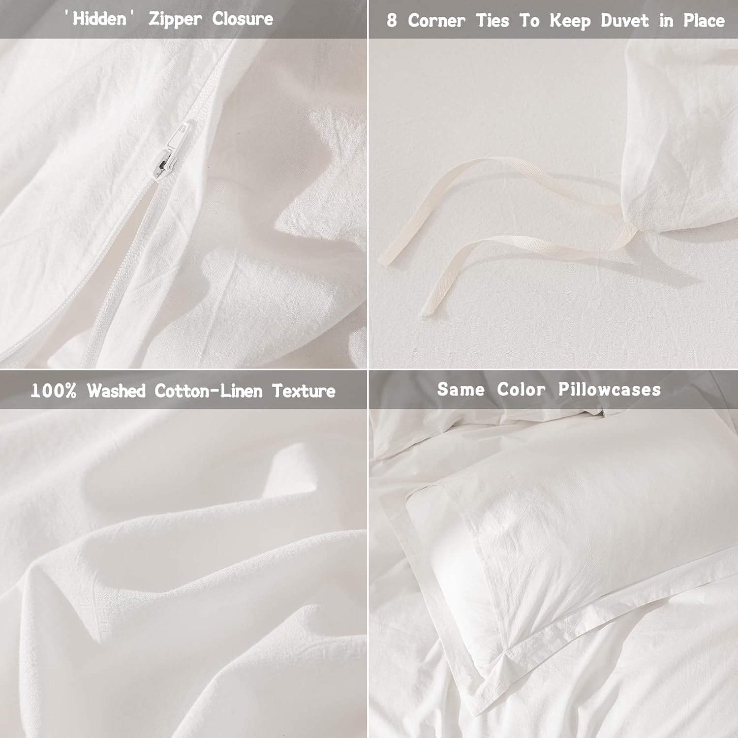 Linen Feel Duvet Cover Super King Plus Size 120inch x 120inch,100% Washed Cotton Duvet Cover with Zipper Closure and 2 Pillowcases, Color of Off White