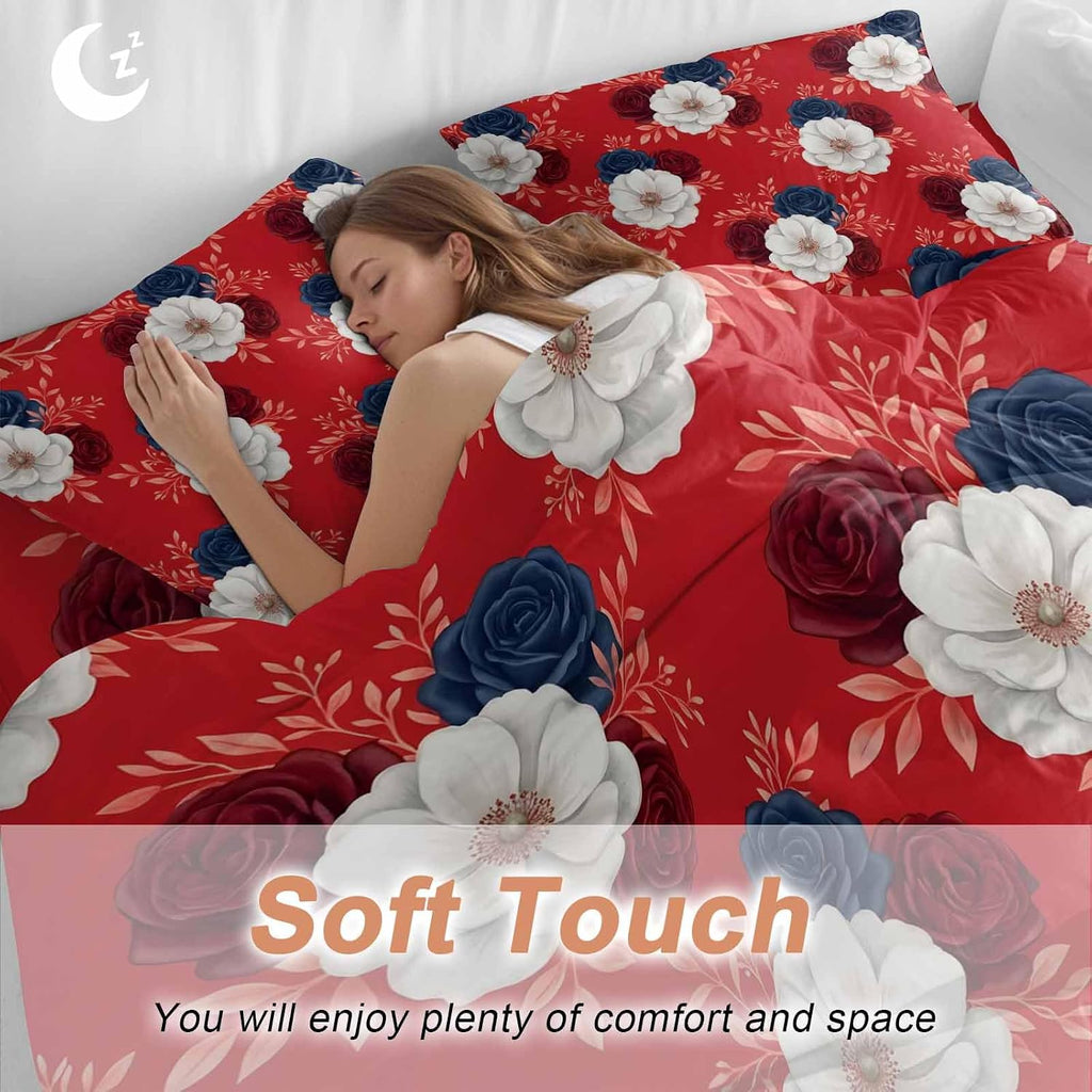 Prime Leader Independence Day Duvet Cover Set Queen Size 4 Pieces Red Blue White Roses Floral Leaf Red Bedding Set with Zipper Closure, 1 Comforter Cover 90x92 Inches 1 Flat Sheet & 2 Pillow Cases