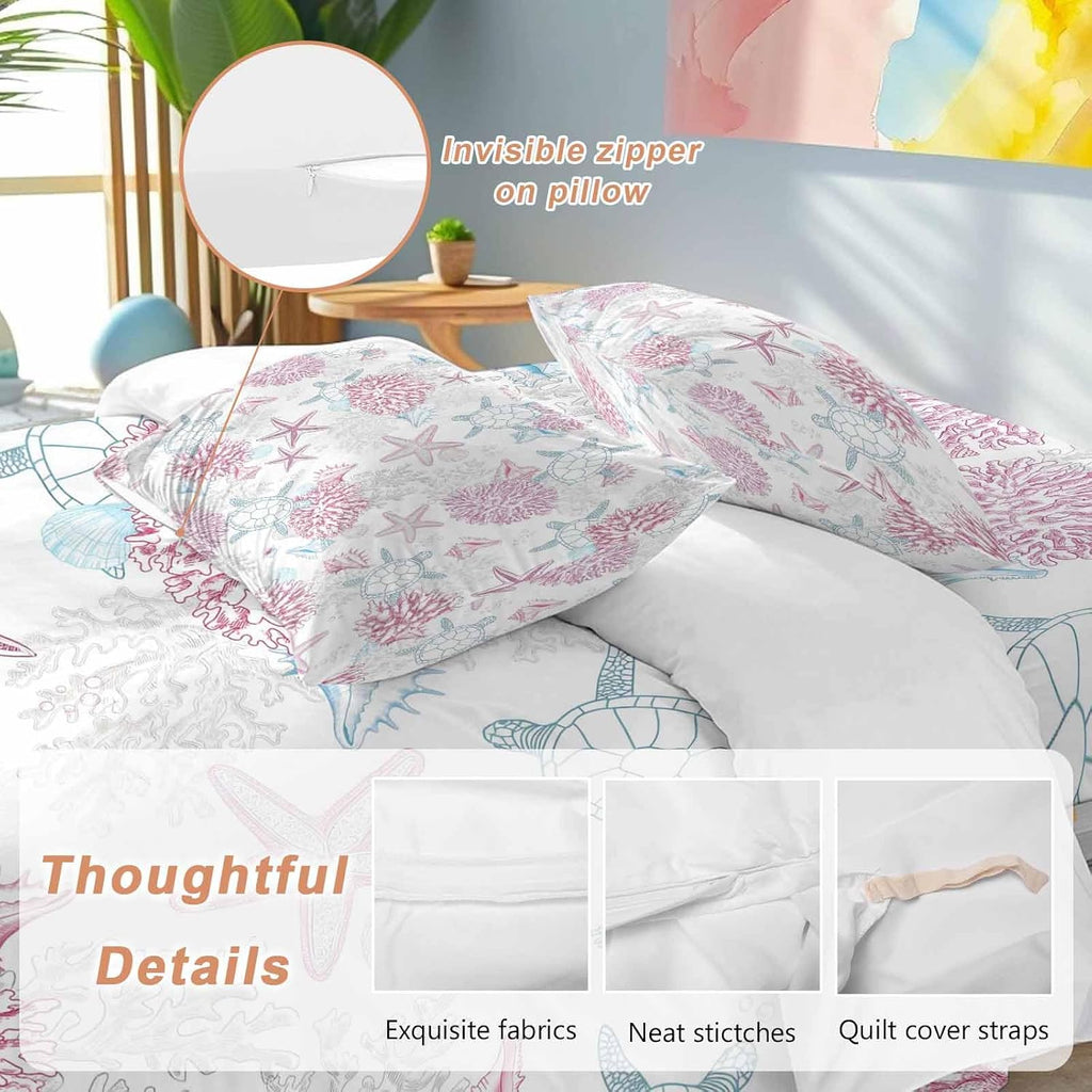 Summer Marine Life Duvet Cover Set Queen Size 4 Pieces Ocean Starfish Coral Coastal Sea Turtle Pink Bedding Set with Zipper Closure, 1 Comforter Cover 86x86 Inches 1 Flat Sheet & 2 Pillow Cases