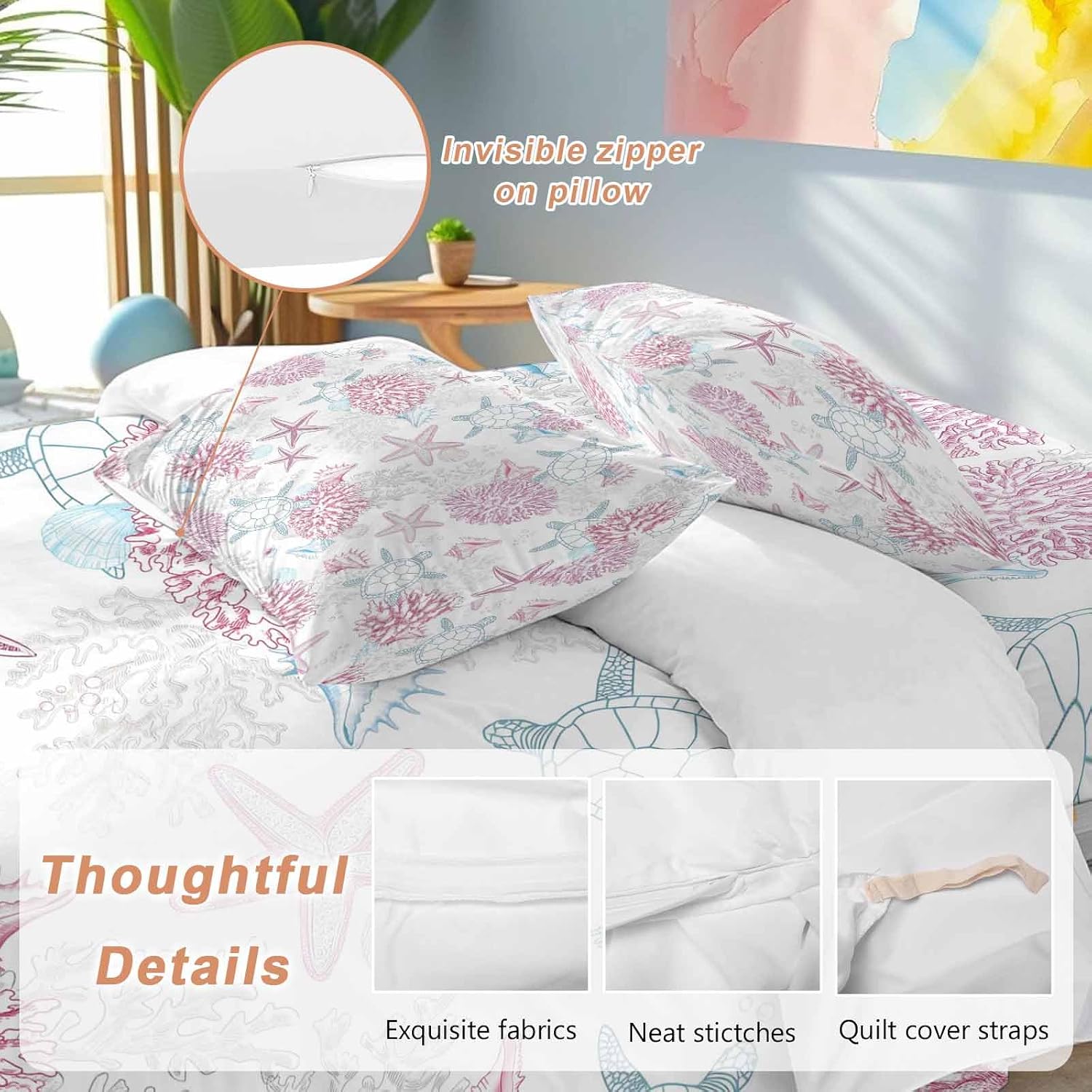 Summer Marine Life Duvet Cover Set Queen Size 4 Pieces Ocean Starfish Coral Coastal Sea Turtle Pink Bedding Set with Zipper Closure, 1 Comforter Cover 86x86 Inches 1 Flat Sheet & 2 Pillow Cases