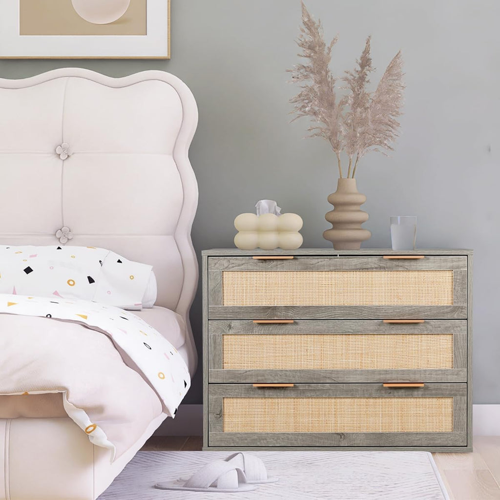 HOPUBUY Large Nightstand Set of 2 with Rattan Drawer, Modern 3 Drawer Night Stand for Bedroom, Wooden Bedside Table for Queen Size and King Size Bed,Grey