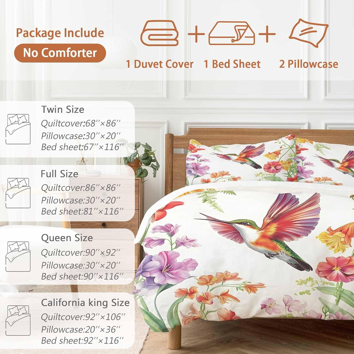 Prime Leader Retro Duvet Cover Set Queen Size 4 Pieces Hummingbird Wildflowers Pastoral Spring Scenery Bedding Set with Zipper Closure, 1 Comforter Cover 90x92 Inches 1 Flat Sheet & 2 Pillow Cases