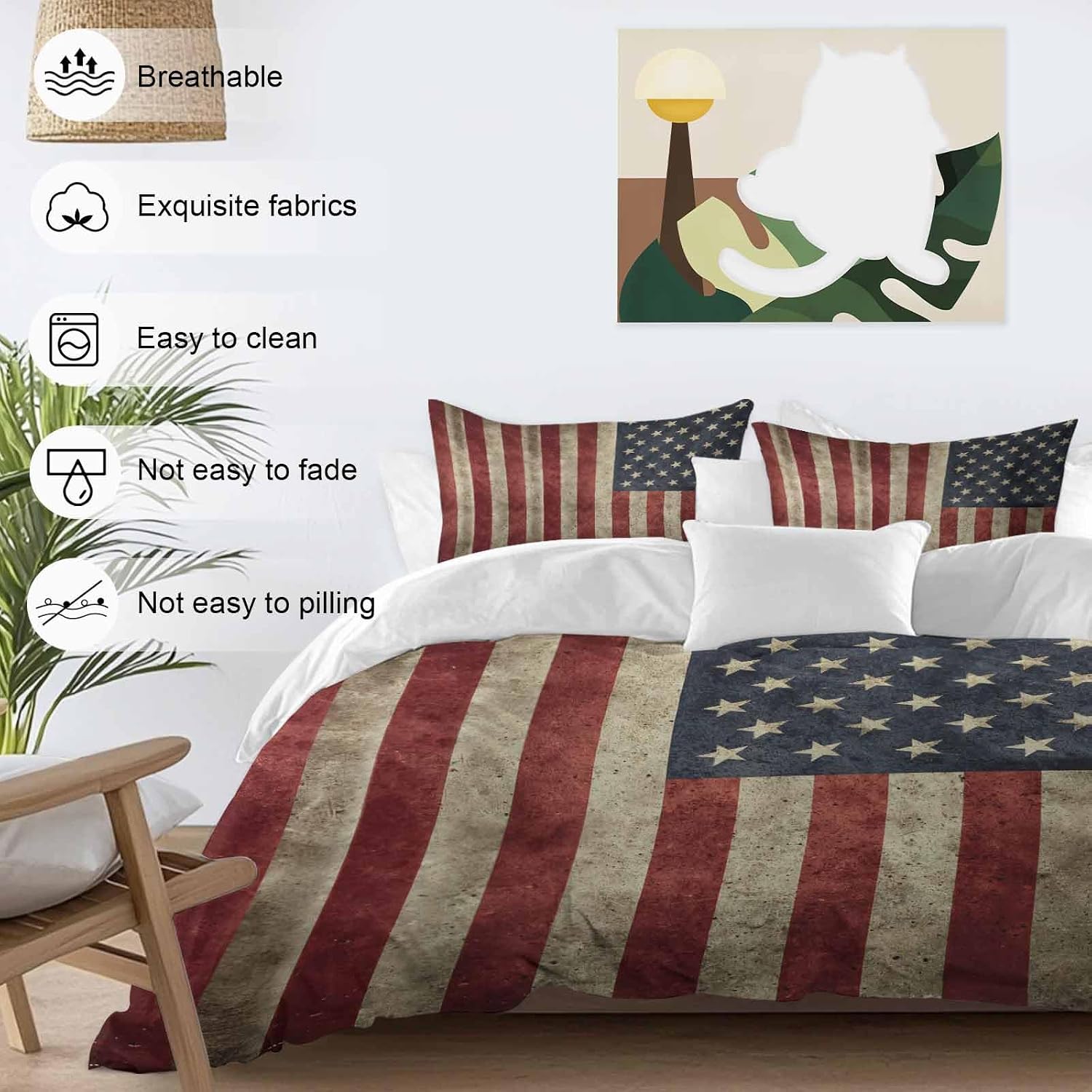 Vintage U.S. Flag Duvet Cover Set Queen Size 4 Pieces Red White Striped Star Independence Day Bedding Set with Zipper Closure, 1 Comforter Cover 86x86 Inches 1 Flat Sheet & 2 Pillow Cases