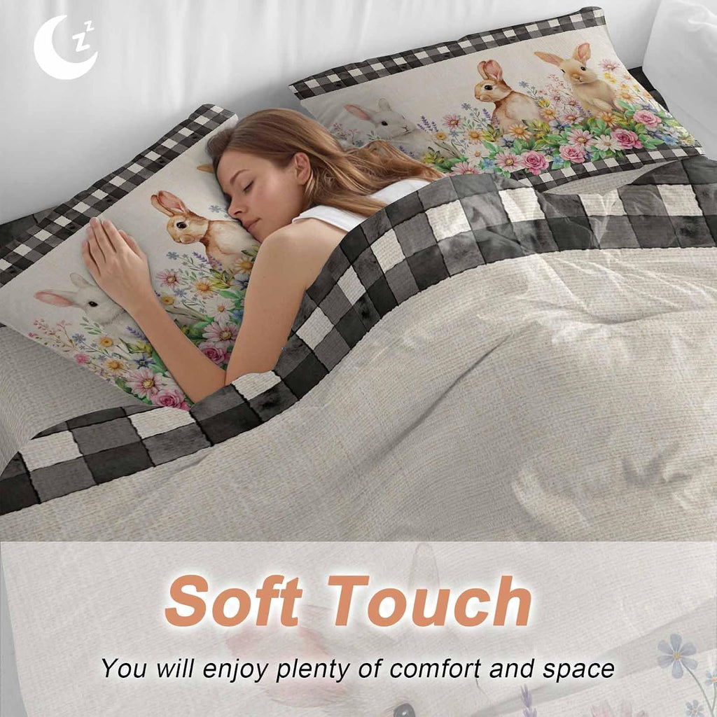 Spring Rabbits Duvet Cover Set Queen Size 4 Pieces Pink Rose Purple Flowers Daisy Vintage Linen Bedding Set with Zipper Closure, 1 Comforter Cover 90x92 Inches 1 Flat Sheet & 2 Pillow Cases