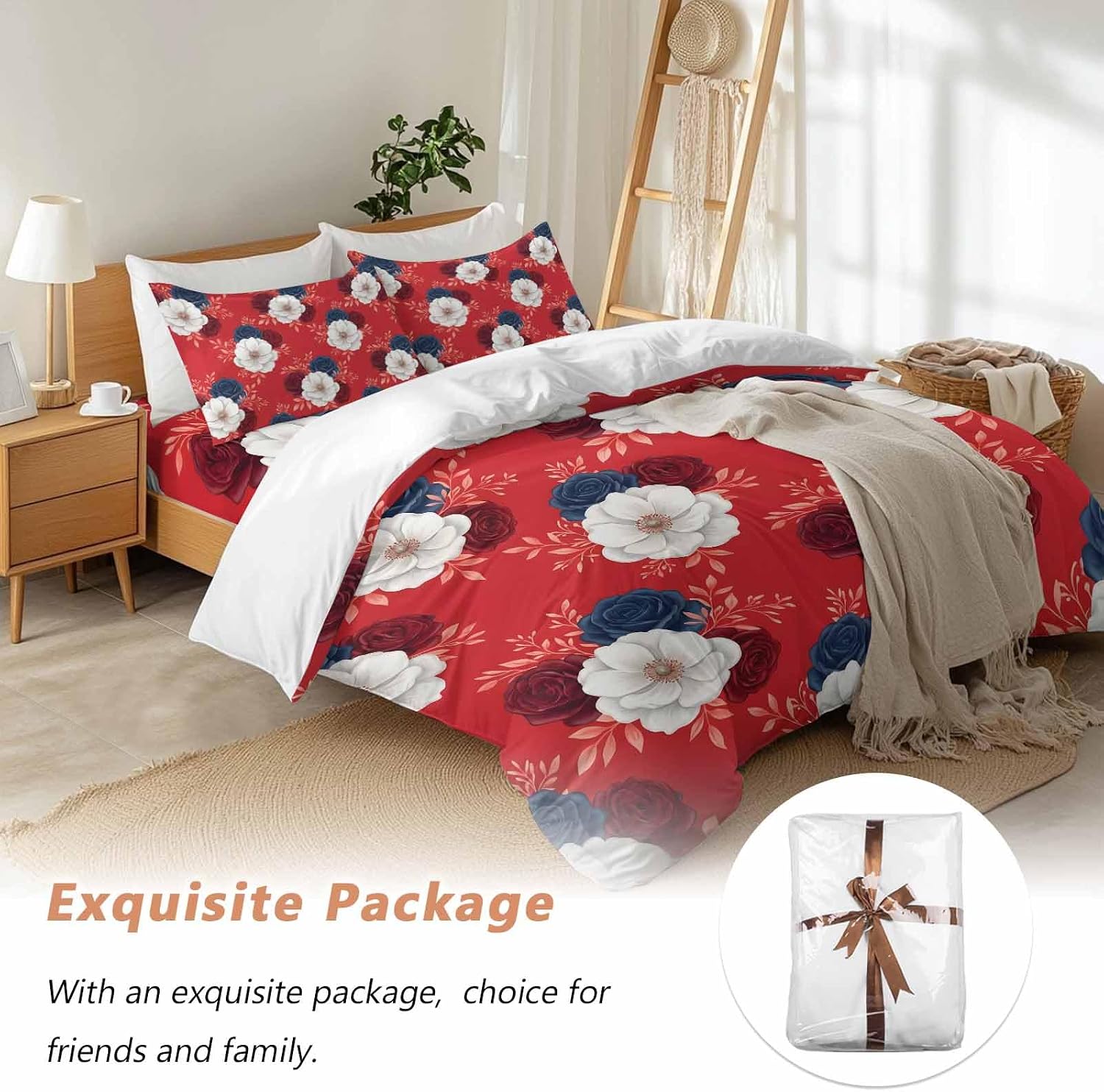 Prime Leader Independence Day Duvet Cover Set Queen Size 4 Pieces Red Blue White Roses Floral Leaf Red Bedding Set with Zipper Closure, 1 Comforter Cover 90x92 Inches 1 Flat Sheet & 2 Pillow Cases