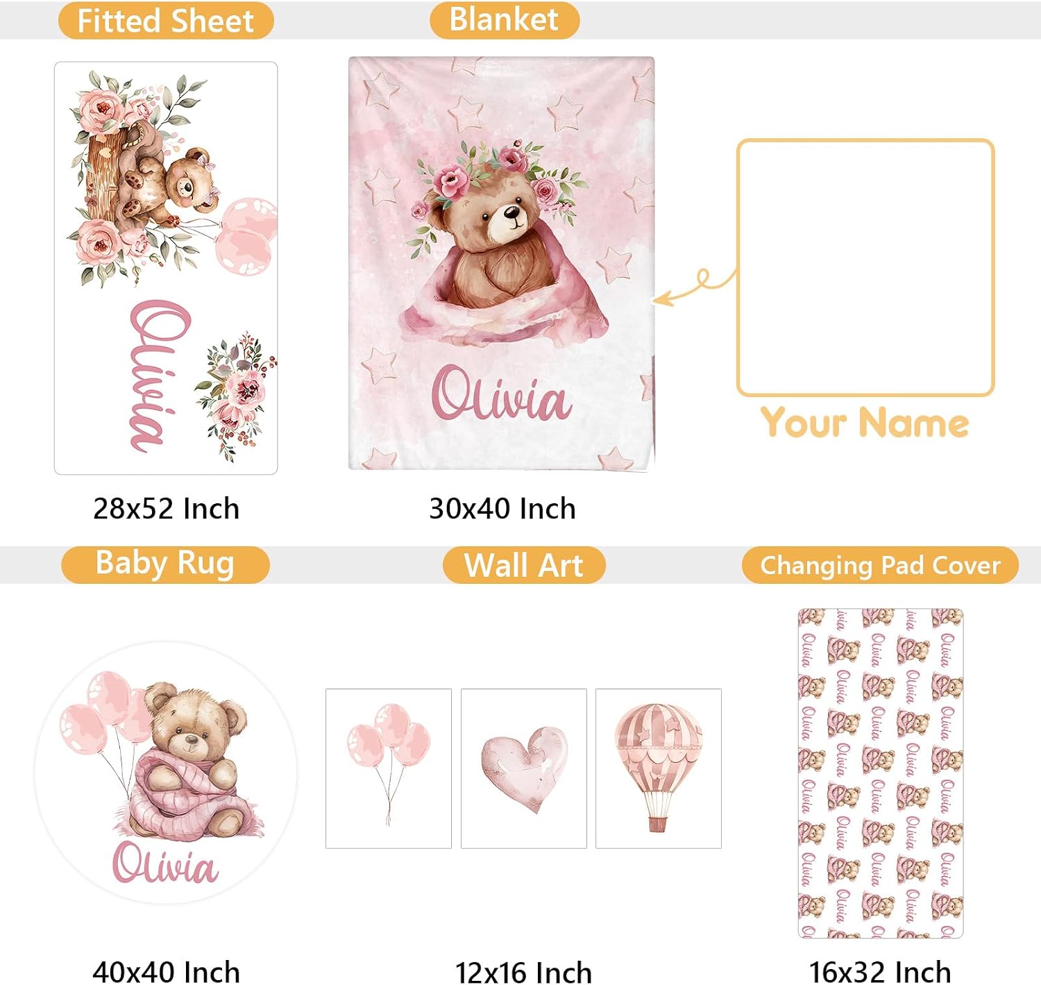 Terwex Custom Baby Crib Bedding Set, 5 Pcs Personalized Name Baby Crib Sets for Infant Toddler, Pink Bear Nursery Bedding Set for Girls Boys, Double Layer Flannel Baby Bedding Sets Customized Gifts