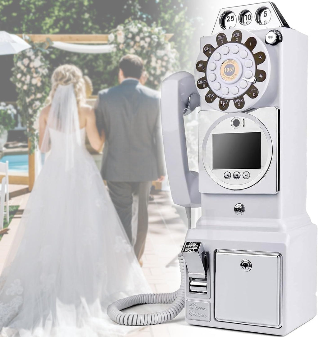 Video Audio Guest Book, 1080P Video Guestbook Wedding Phone, 32G SD Card Customized Video Audio Guest Book with Lens Recording, Retro 1957's Style Vintage Audio Guest Book Audio Messages(White)