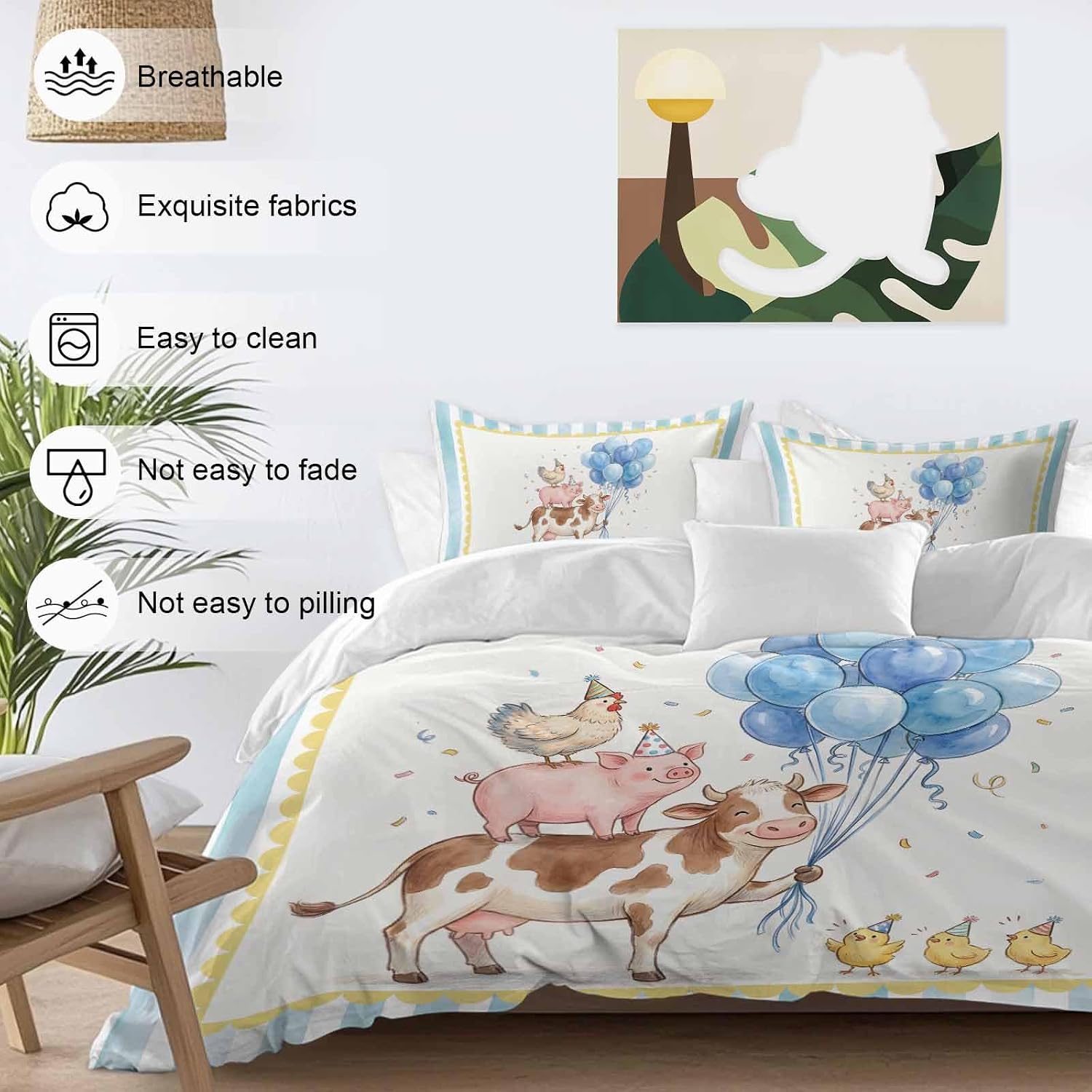 Pig Cow Duvet Cover Set Queen Size 4 Pieces Hen Chicks Blue Balloons Watercolor Animal Yellow Border Striped Bedding Set with Zipper Closure,1 Comforter Cover 90x92 Inches 1 Flat Sheet&2 Pillow Cases