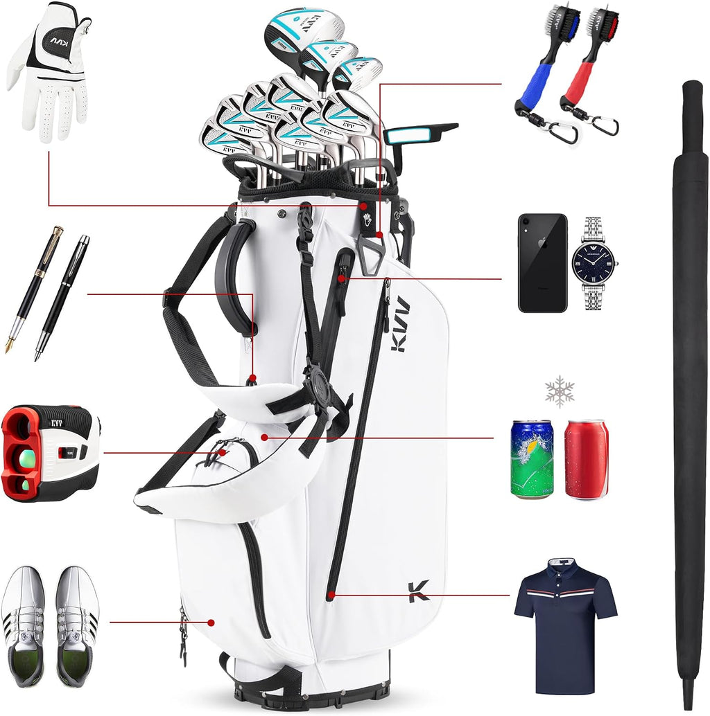 KVV Lightweight Golf Stand Bag with 7 Way Full-Length Dividers, 5 Zippered Pockets, Automatically Adjustable Dual Straps，Elegant Design