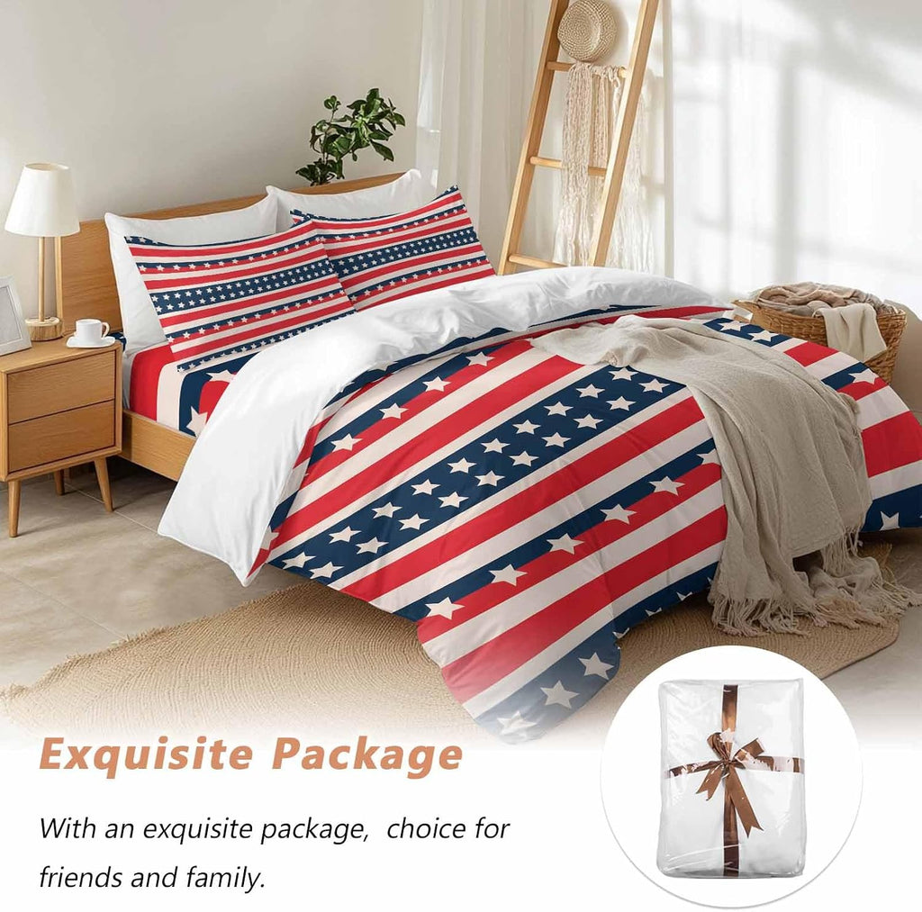 Prime Leader Independence Day Duvet Cover Set Queen Size 4 Pieces Vintage Classic Red White Blue Stripes Bedding Set with Zipper Closure, 1 Comforter Cover 92x106 Inches 1 Flat Sheet & 2 Pillow Cases