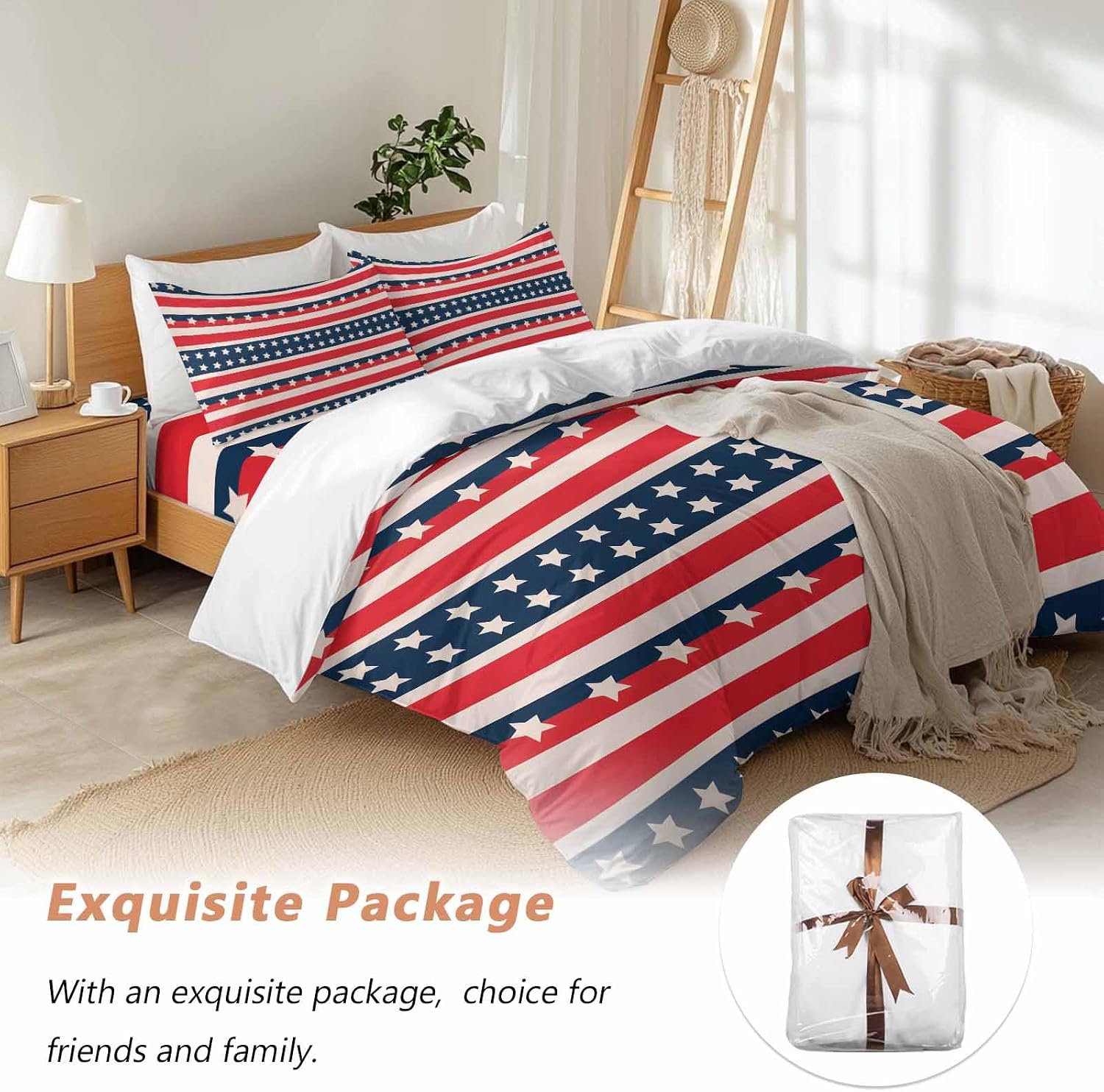Prime Leader Independence Day Duvet Cover Set Queen Size 4 Pieces Vintage Classic Red White Blue Stripes Bedding Set with Zipper Closure, 1 Comforter Cover 90x92 Inches 1 Flat Sheet & 2 Pillow Cases