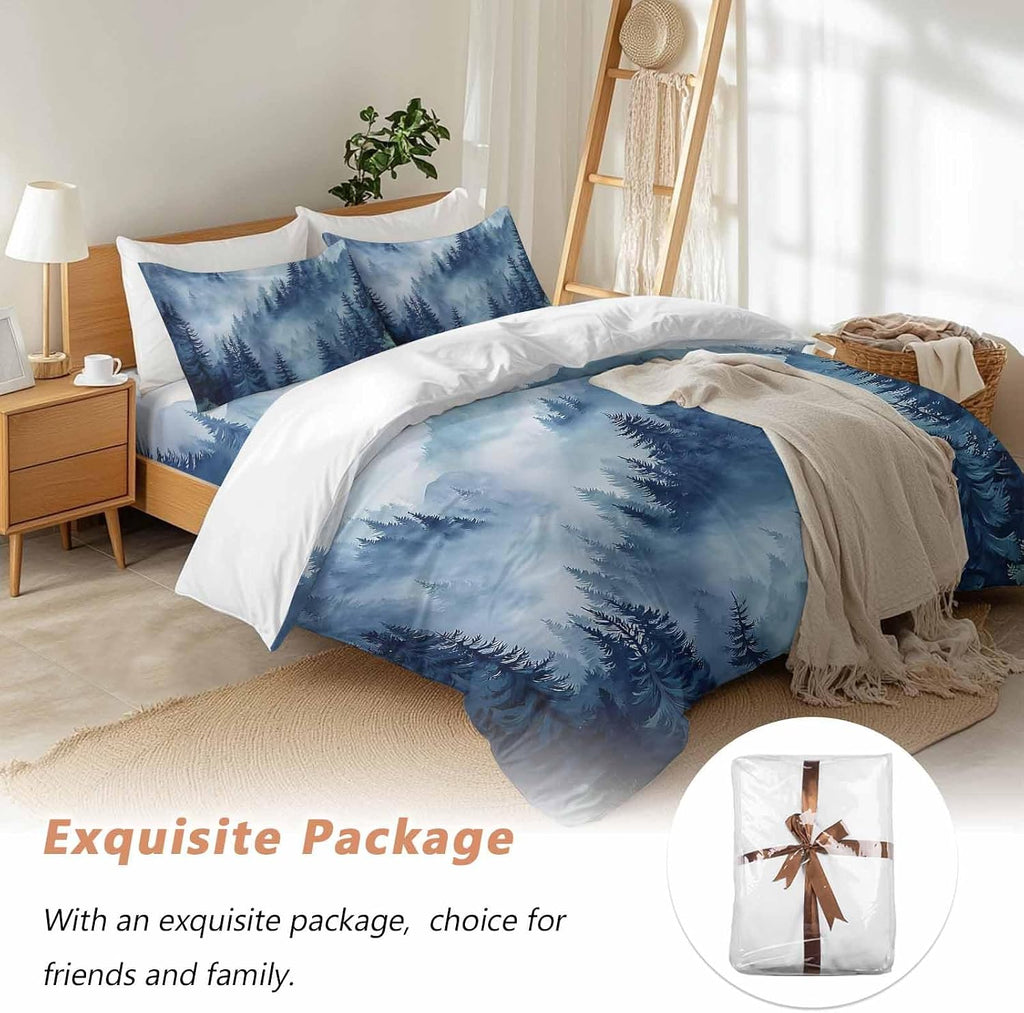 Blue Forest Mountain Duvet Cover Set Queen Size 4 Pieces Retro Watercolor Gradual Foggy Pine Tree Bedding Set with Zipper Closure, 1 Comforter Cover 90x92 Inches 1 Flat Sheet & 2 Pillow Cases