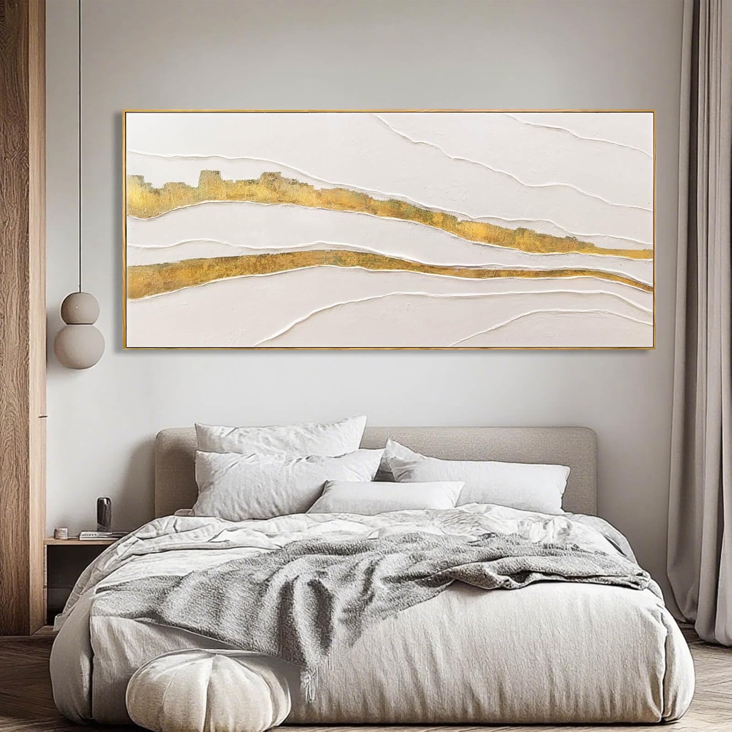 VAYIMDH White and Gold Oil Painting Wall Art Abstract Wall Decor Line Hanging Art 32'x70' Large Artwork for Living Room Decorative Pictures for Office