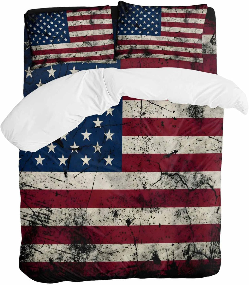 Prime Leader Independence Day Duvet Cover Set Queen Size 4 Pieces Mottled U. S. Flag Shabby Chic Vintage Bedding Set with Zipper Closure, 1 Comforter Cover 86x86 Inches 1 Flat Sheet & 2 Pillow Cases
