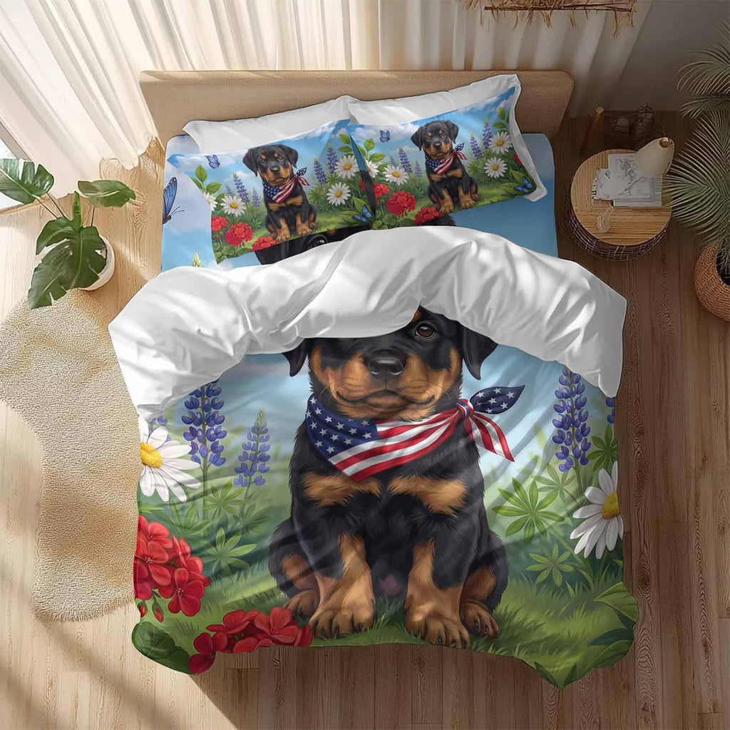 Independence Day Duvet Cover Set Queen Size 4 Pieces Watercolor U. S. Flag Cute Rottweiler Butterfly Bedding Set with Zipper Closure, 1 Comforter Cover 86x86 Inches 1 Flat Sheet & 2 Pillow Cases