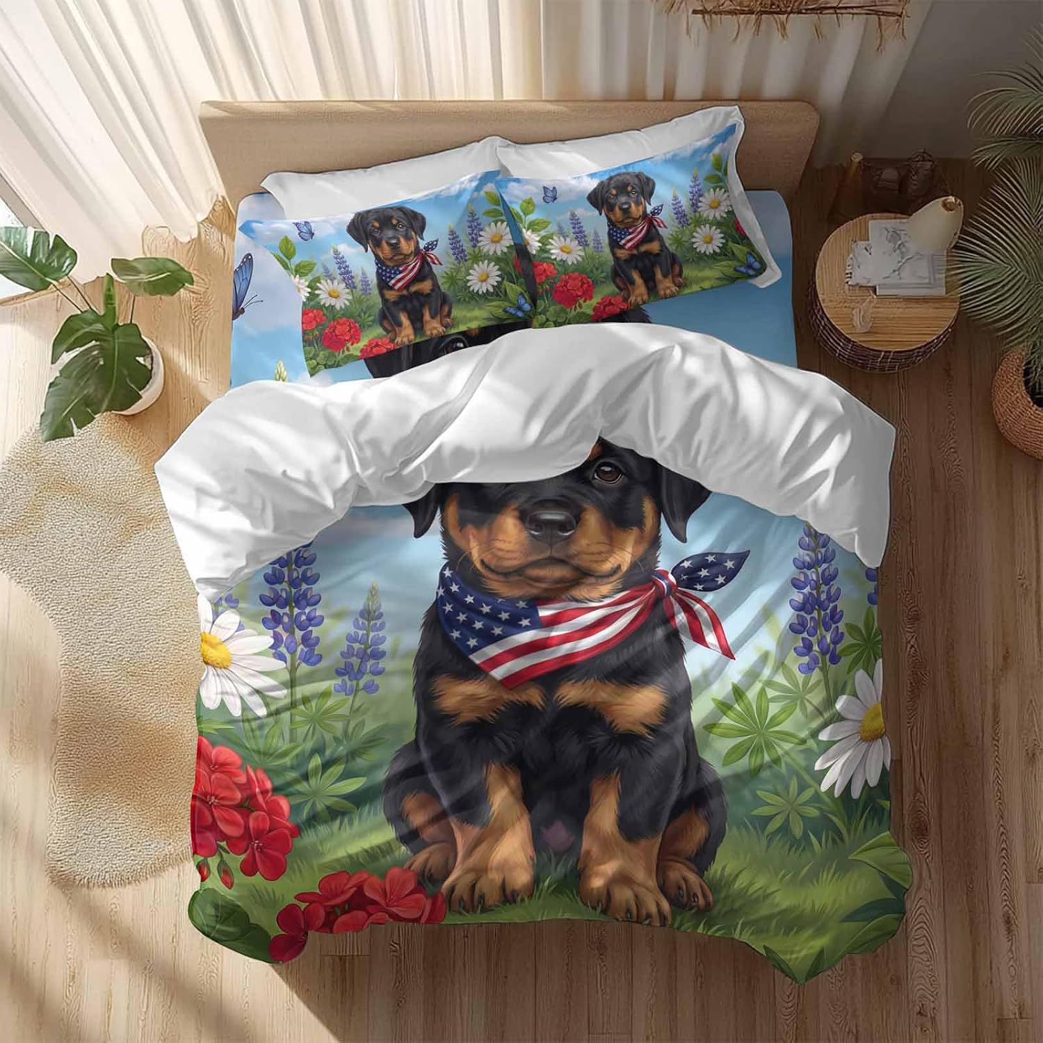 Independence Day Duvet Cover Set Queen Size 4 Pieces Watercolor U. S. Flag Cute Rottweiler Butterfly Bedding Set with Zipper Closure, 1 Comforter Cover 90x92 Inches 1 Flat Sheet & 2 Pillow Cases