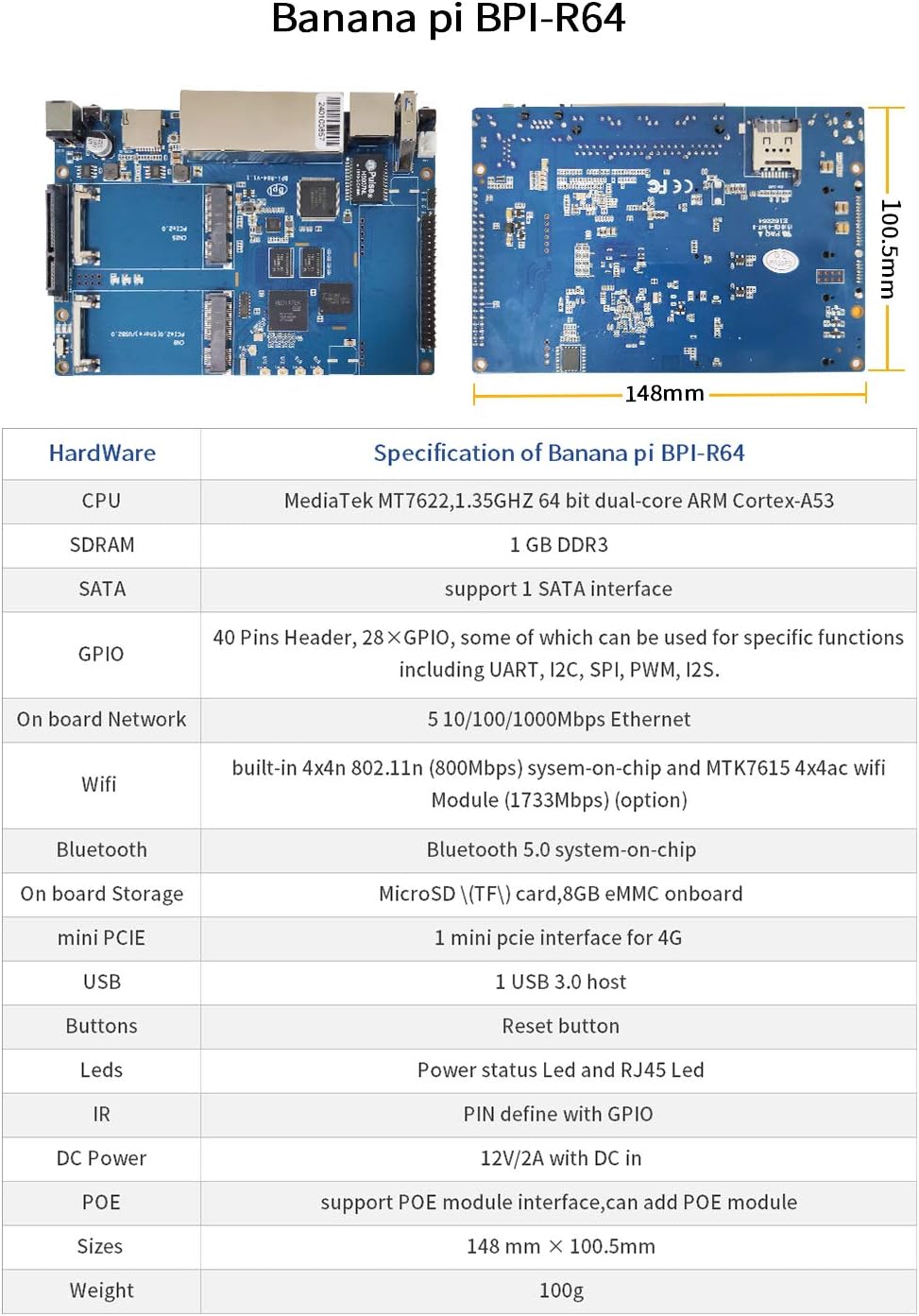 Banana Pi BPI R64 Smart WiFi Router-High Speed Wireless Router,Dual Band, 5 Gigabit Port with 1GB DDR3 Based in MediaTek MTK MT7622 Soc OpenWRT for NAS VPN Server,Bundle with Dual-Band WiFi Module