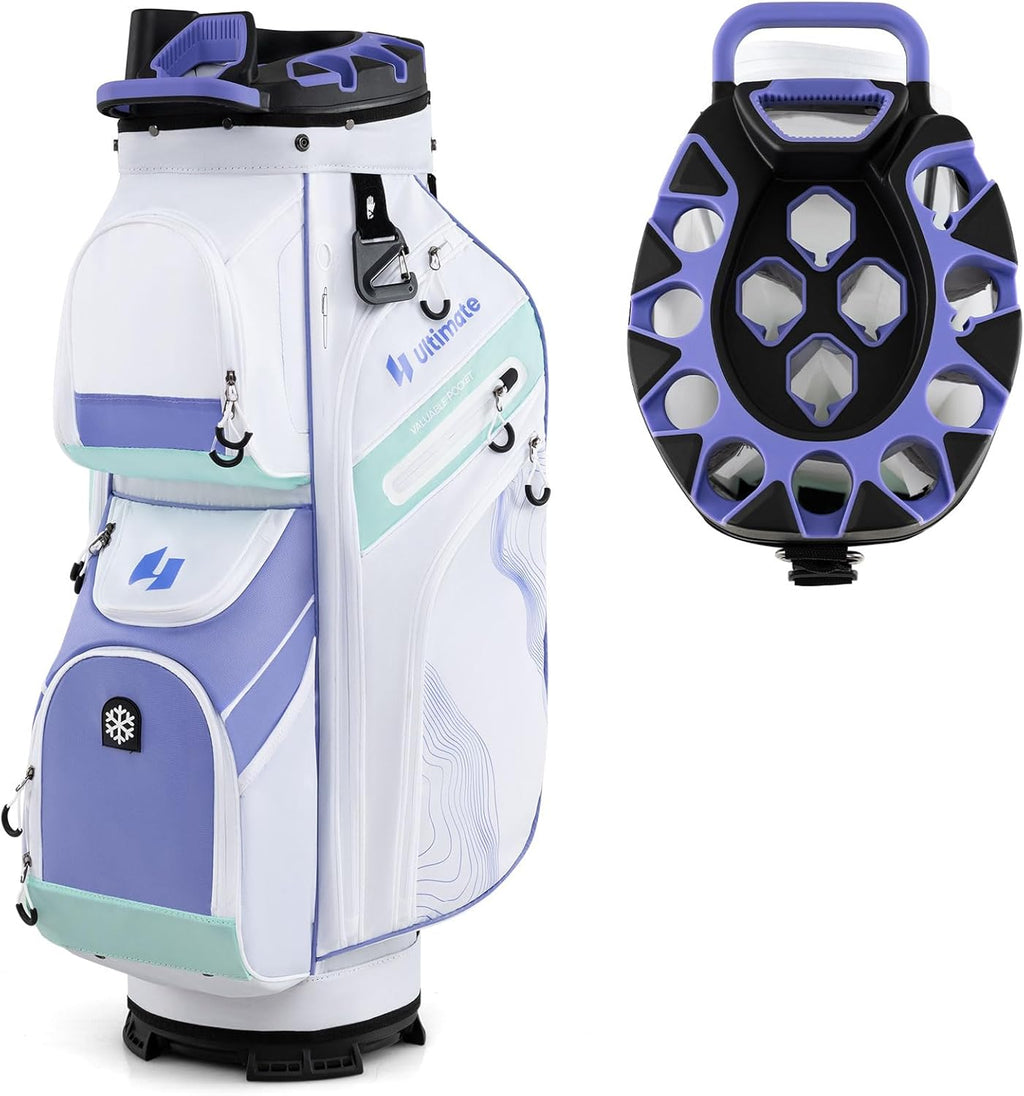 ULTIMATE 14-Way Golf Cart Bag, Golf Bag w/Molded Lock Top & Full Length Dividers, Portable Golf Club Bag w/11 Pockets, Cooler Bag, Padded Strap & Rain Hood for Men Women