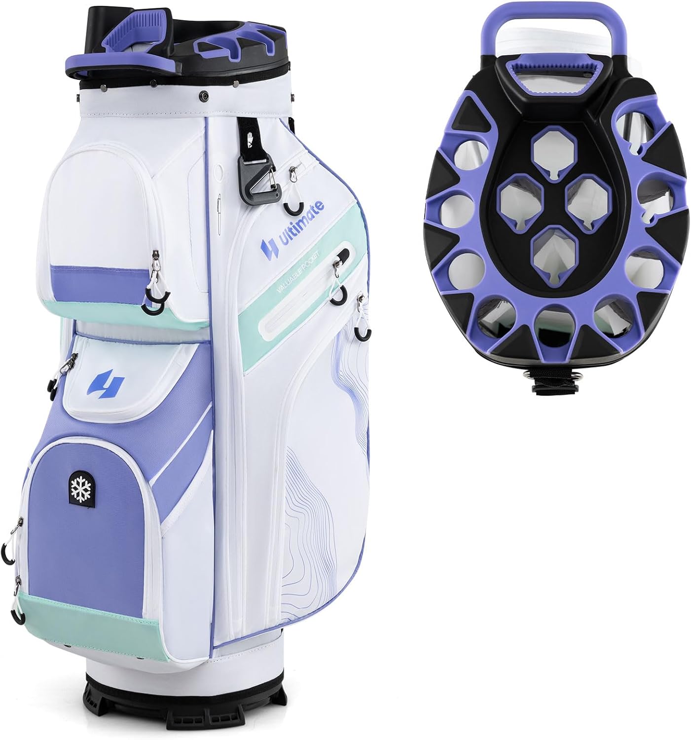 ULTIMATE 14-Way Golf Cart Bag, Golf Bag w/Molded Lock Top & Full Length Dividers, Portable Golf Club Bag w/11 Pockets, Cooler Bag, Padded Strap & Rain Hood for Men Women