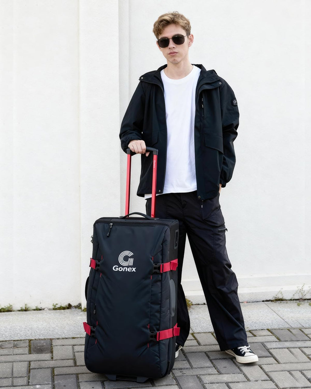 Gonex Rolling Duffle Bag with Wheels, Water-repellent 90L Nylon Large Wheeled Travel Duffel Luggage with TSA Lock & Telescopic Handle 30 inch, Black & Red
