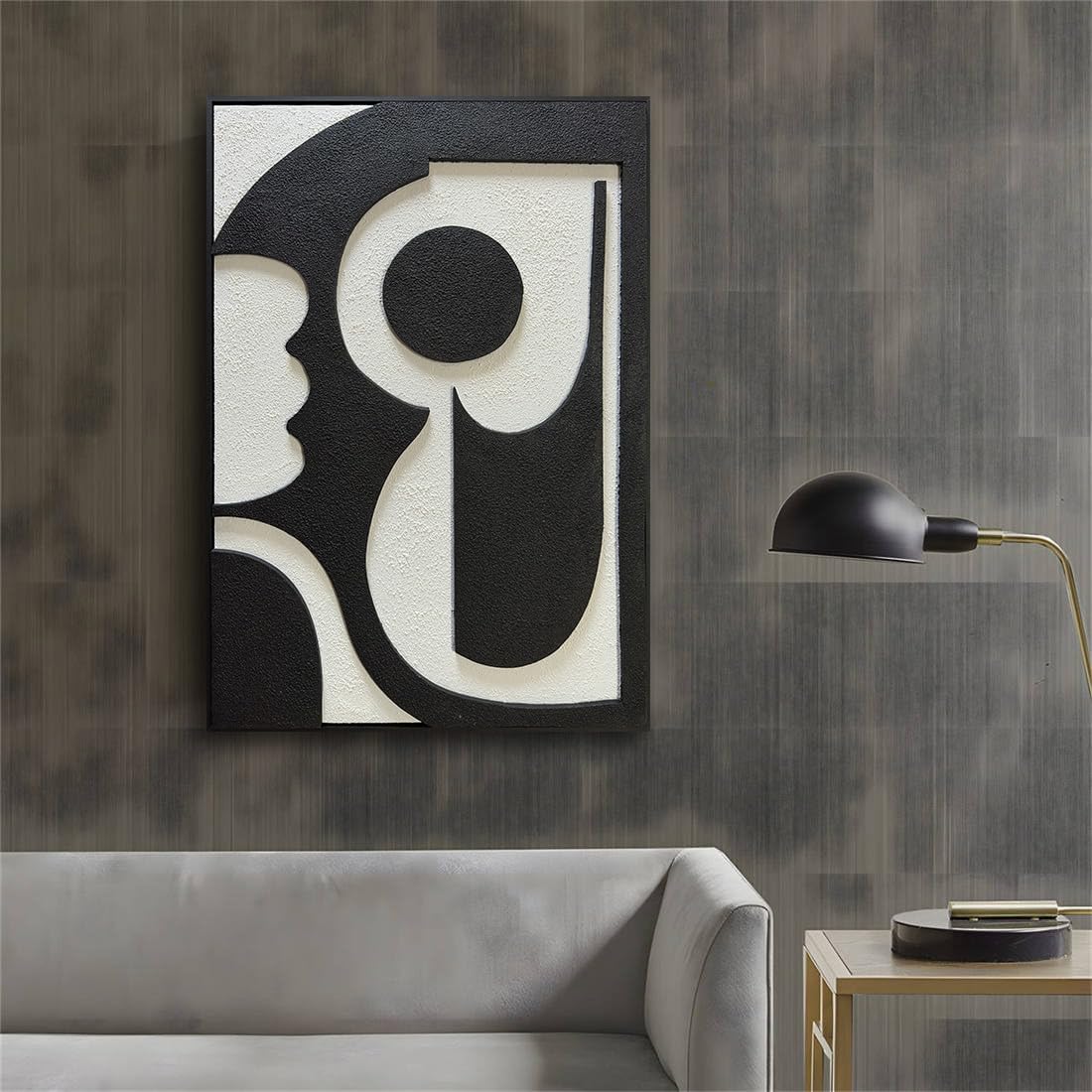 zoinart Minimalist Black and White Thick Textured Plaster Wall Art, Black White Framed Artwork Wall for Home Decor, Modern Monochrome Relief Art
