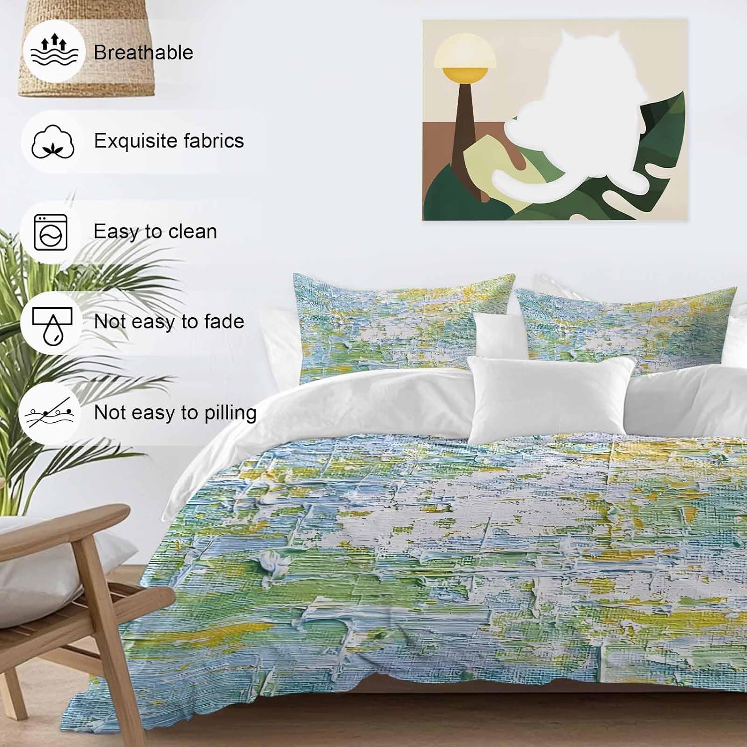 Prime Leader Abstract Geometric Duvet Cover Set Queen Size 4 Pieces Yellow Blue Green Oil Painting Style Bedding Set with Zipper Closure, 1 Comforter Cover 90x92 Inches 1 Flat Sheet & 2 Pillow Cases
