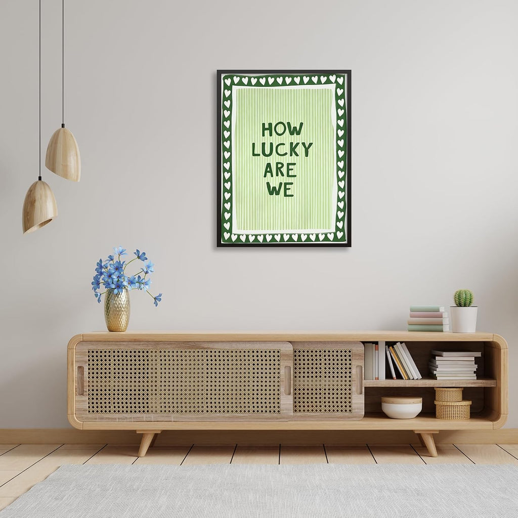 Retro How Lucky Are We Black Framed Wall Art Green Striped Positive Inspirational Quote Canvas Prints Trendy Preppy Aesthetic Posters 20x30in for Living Room Bedroom Dorm Home Decor