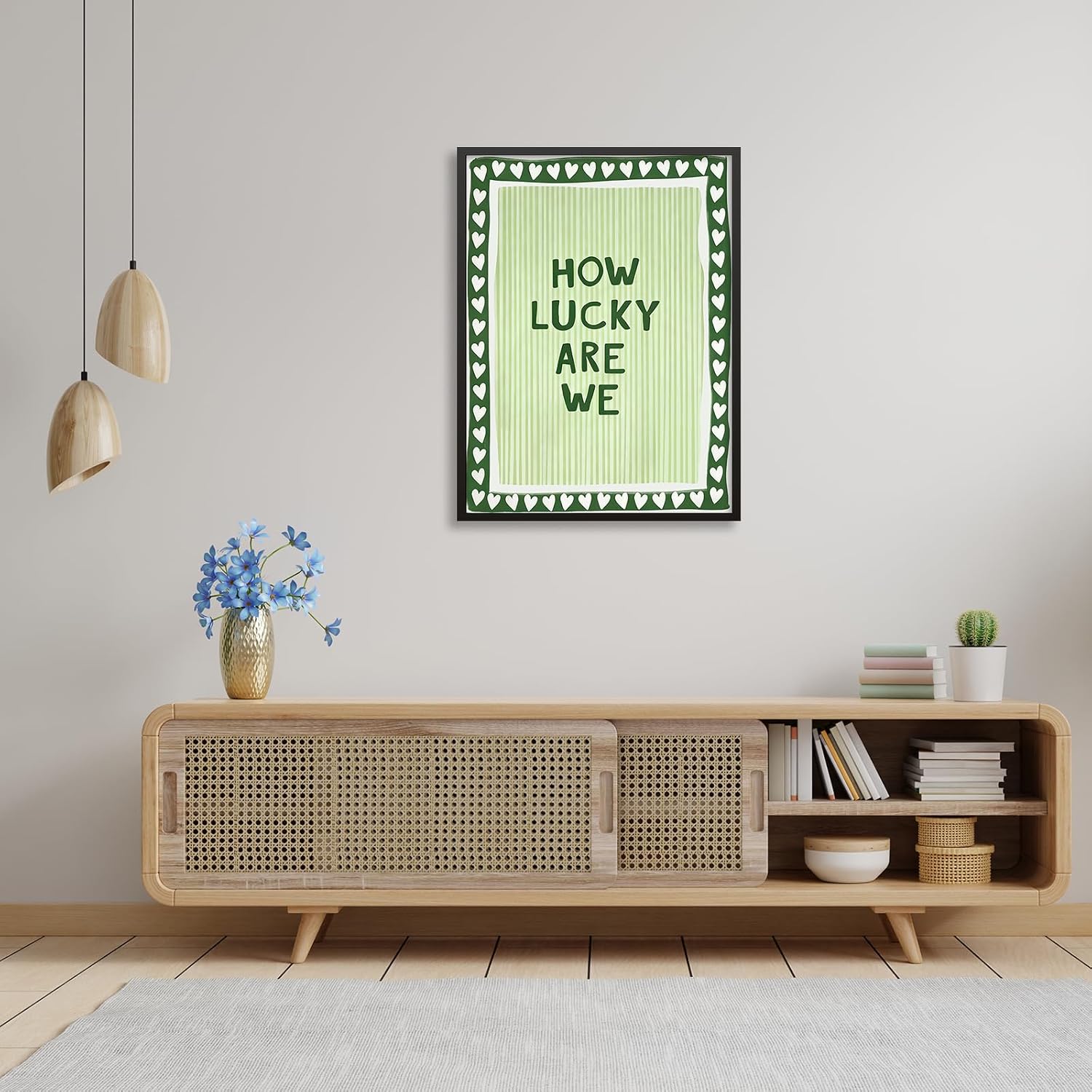 Retro How Lucky Are We Black Framed Wall Art Green Striped Positive Inspirational Quote Canvas Prints Trendy Preppy Aesthetic Posters 20x30in for Living Room Bedroom Dorm Home Decor