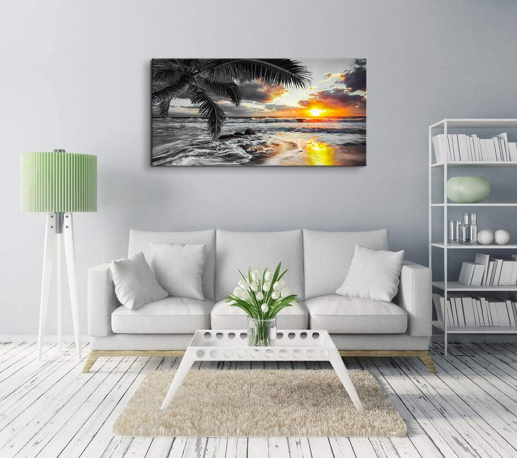 Yxbhhym-Large Canvas Black White Gold Ocean Wall Art Sunset Beach Pictures Coastal Painting Sunrise Seascape Scenery Print Palm Poster Sea Artwork for Bedroom Wall Art Living Room Office Décor