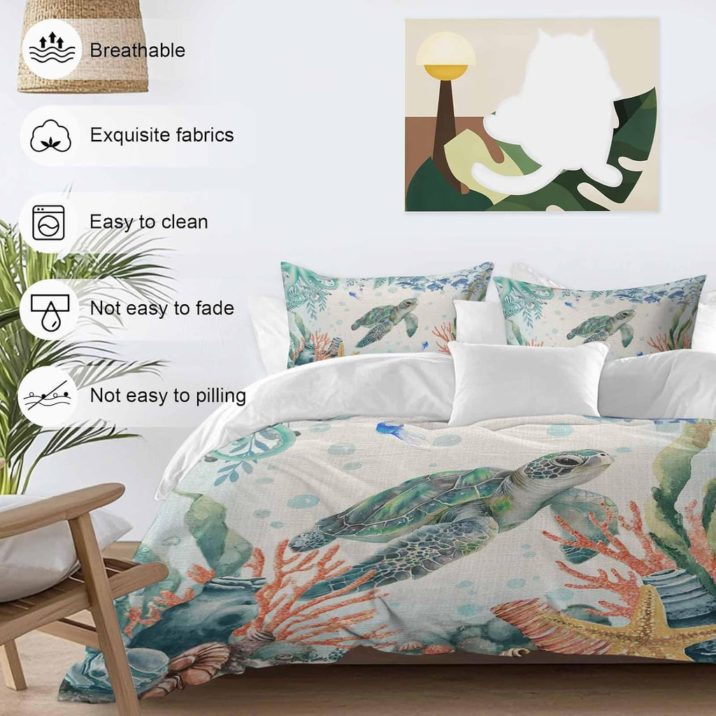 Summer Ocean Turtle Duvet Cover Set Queen Size 4 Pieces Nautical Colorful Sea Fish Octopus Coral Linen Bedding Set with Zipper Closure, 1 Comforter Cover 90x92 Inches 1 Flat Sheet & 2 Pillow Cases
