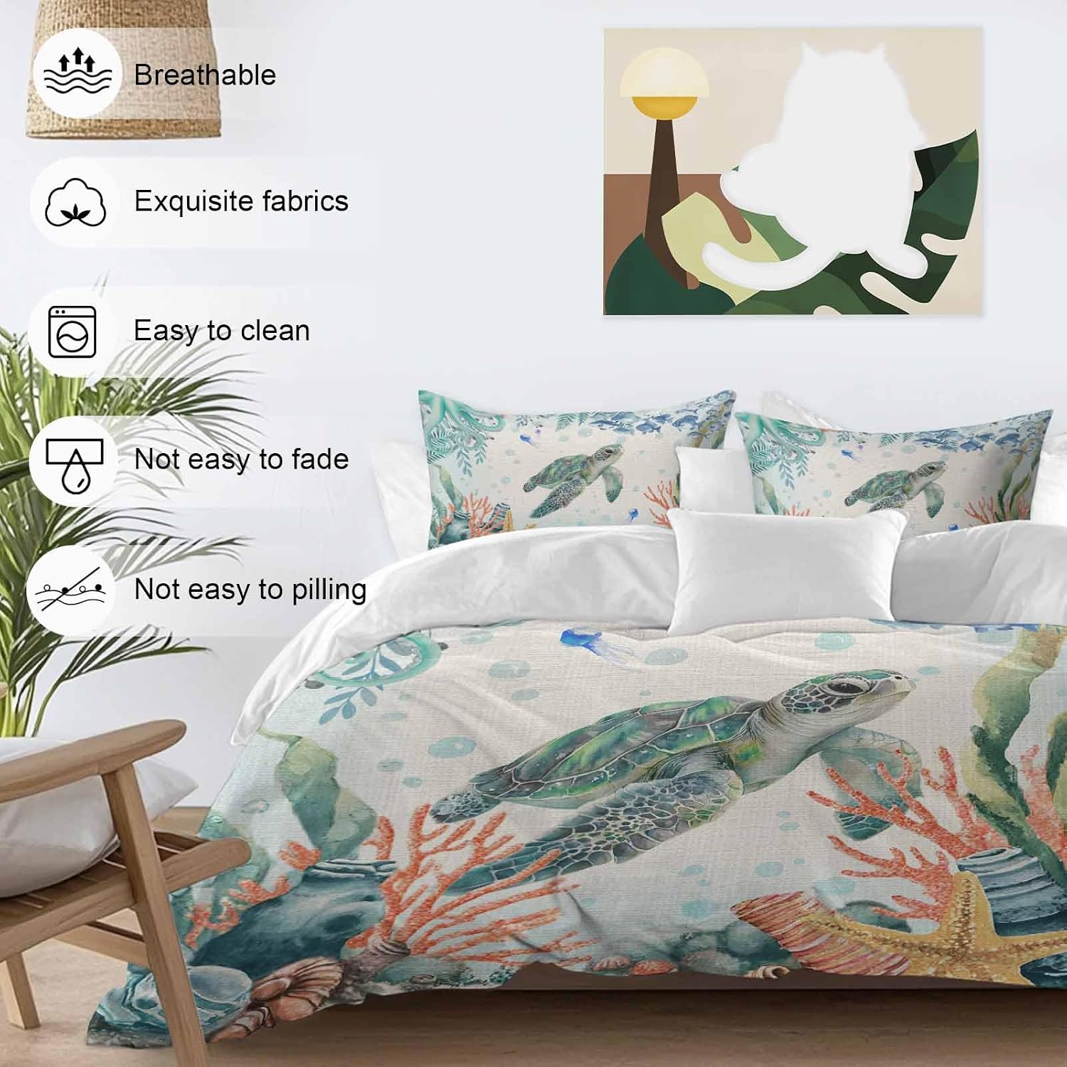 Summer Ocean Turtle Duvet Cover Set Queen Size 4 Pieces Nautical Colorful Sea Fish Octopus Coral Linen Bedding Set with Zipper Closure, 1 Comforter Cover 90x92 Inches 1 Flat Sheet & 2 Pillow Cases