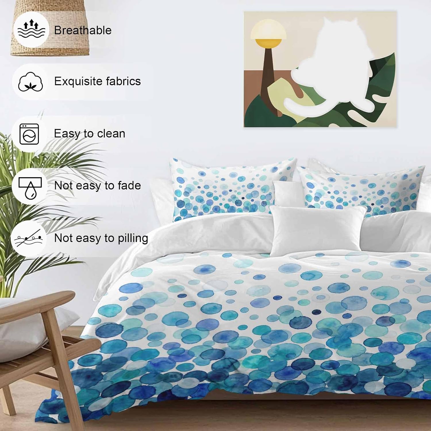 Prime Leader Blue Polka Dots Duvet Cover Set Queen Size 4 Pieces Watercolor Abstract Art Gradients Bedding Set with Zipper Closure, 1 Comforter Cover 90x92 Inches 1 Flat Sheet & 2 Pillow Cases