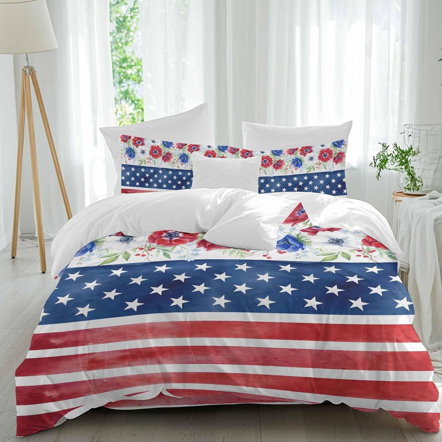 Independence Day Duvet Cover Set Queen Size 4 Pieces American Flag Red Blue Poppy Flower Country Bedding Set with Zipper Closure, 1 Comforter Cover 86x86 Inches 1 Flat Sheet & 2 Pillow Cases