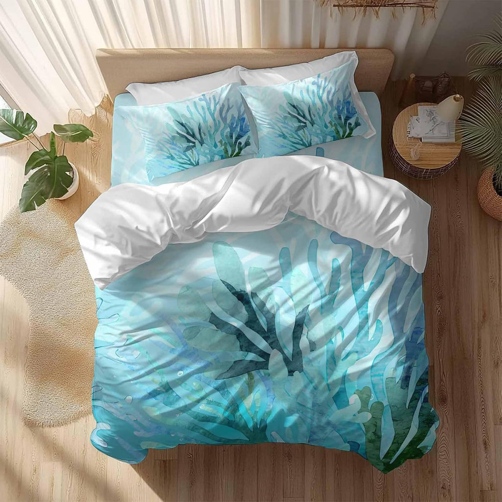 Prime Leader Blue Gradient Coral Duvet Cover Set Queen Size 4 Pieces Ocean Coastal Sea Watercolor Coral Bedding Set with Zipper Closure, 1 Comforter Cover 92x106 Inches 1 Flat Sheet & 2 Pillow Cases