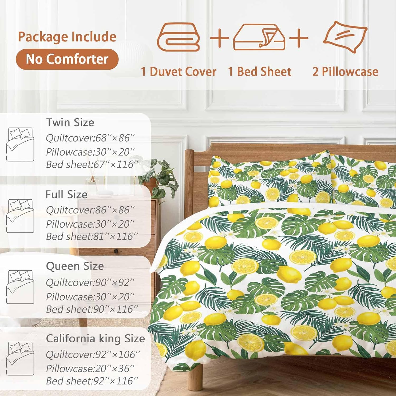 Prime Leader Lemon Leaf Duvet Cover Set Queen Size 4 Pieces Watercolor Lemon Floral Monstera Leaf Bedding Set with Zipper Closure, 1 Comforter Cover 90x92 Inches 1 Flat Sheet & 2 Pillow Cases
