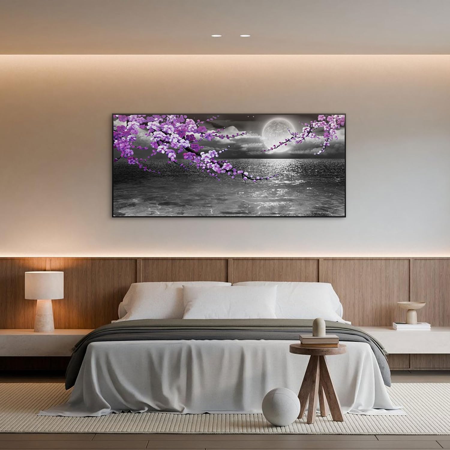 yiijeah Large Purple Wall Art Decor for Living Room Bedroom Framed Black and White Seascape Full Moon Purple Flower Painting Canvas Picture Modern Hand-Painted Plum Blossom Artwork for Home Office