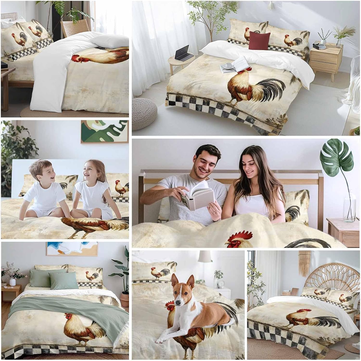 Rooster Chicken Duvet Cover Set Queen Size 4 Pieces Black Plaid Watercolor Vintage Texture Farm Bedding Set with Zipper Closure, 1 Comforter Cover 90x92 Inches 1 Flat Sheet & 2 Pillow Cases