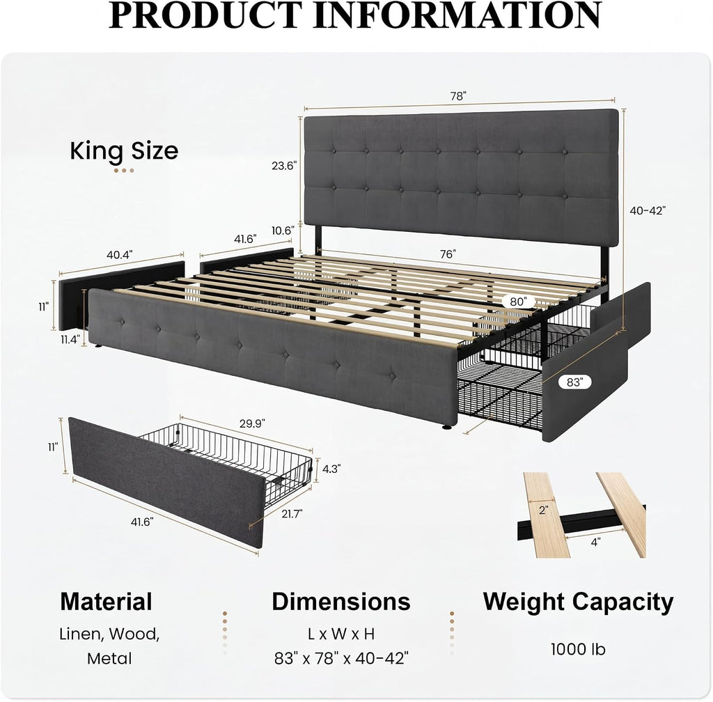SHA CERLIN Upholstered King Size Platform Bed Frame with 4 Storage Drawers, Adjustable Headboard with Square Stitched Button Tufted Design, Wooden Slat Support, No Box Spring Needed, Dark Grey