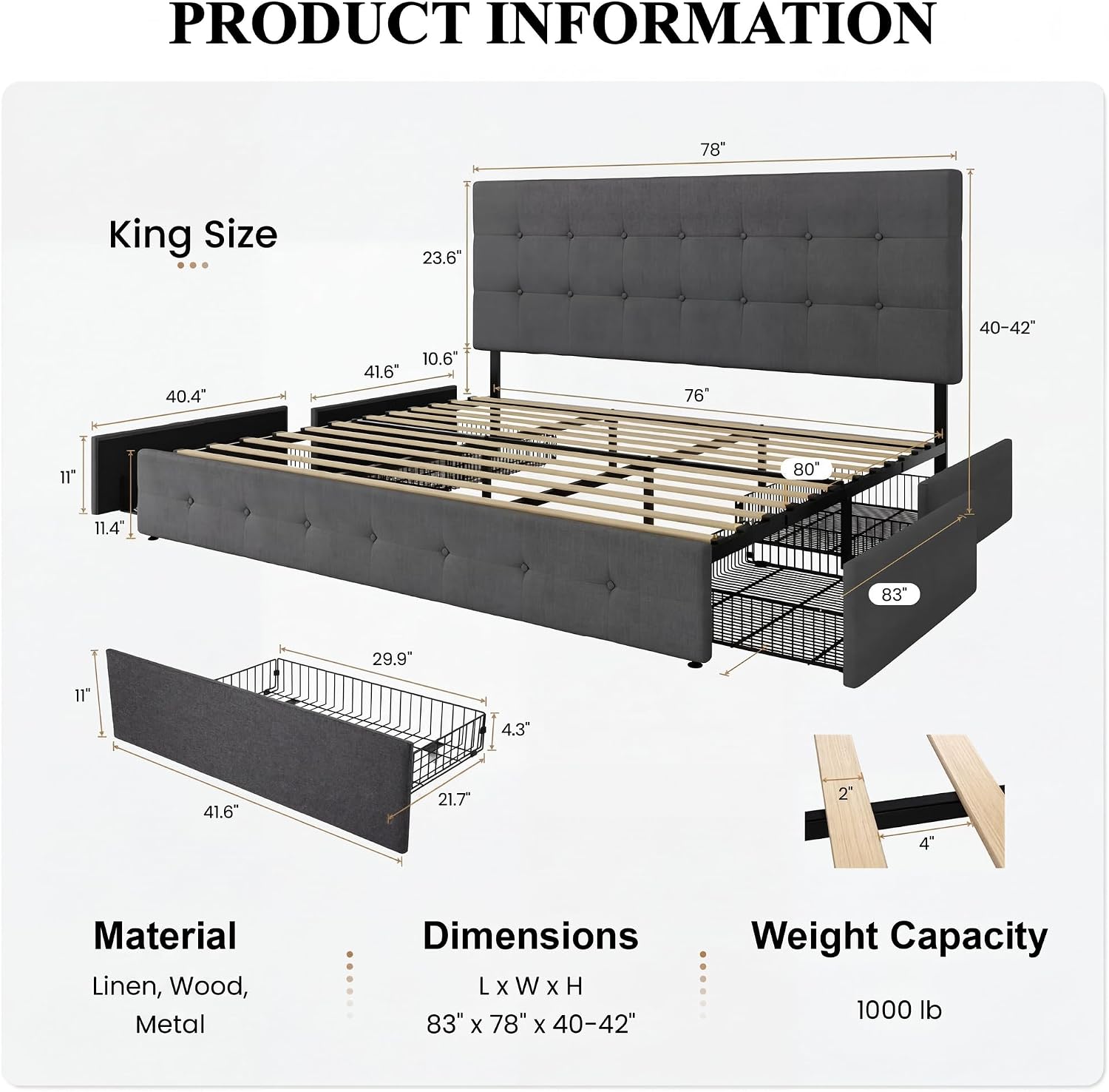 SHA CERLIN Upholstered King Size Platform Bed Frame with 4 Storage Drawers, Adjustable Headboard with Square Stitched Button Tufted Design, Wooden Slat Support, No Box Spring Needed, Dark Grey
