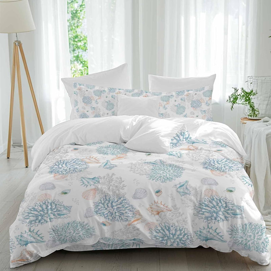 Summer Marine Life Duvet Cover Set Queen Size 4 Pieces Ocean Blue Coral Shells Coastal Conch Bedding Set with Zipper Closure, 1 Comforter Cover 92x106 Inches 1 Flat Sheet & 2 Pillow Cases