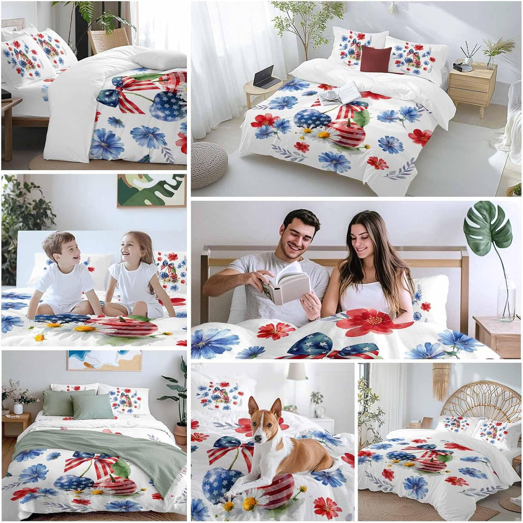 Independence Day Cherry Duvet Cover Set Queen Size 4 Pieces Patriotic Red Blue Star Flower Bow Leaf Bedding Set with Zipper Closure, 1 Comforter Cover 86x86 Inches 1 Flat Sheet & 2 Pillow Cases