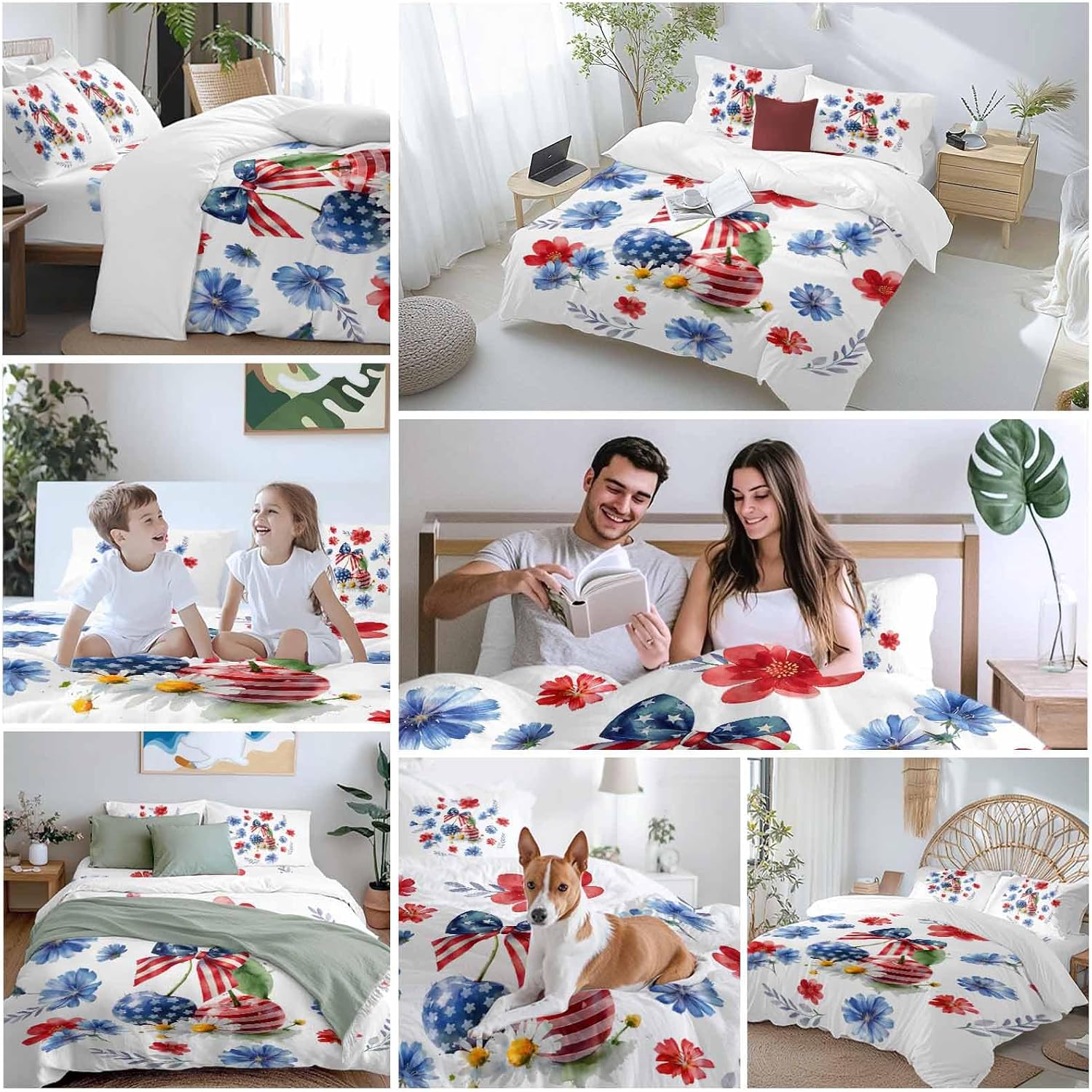 Independence Day Cherry Duvet Cover Set Queen Size 4 Pieces Patriotic Red Blue Star Flower Bow Leaf Bedding Set with Zipper Closure, 1 Comforter Cover 90x92 Inches 1 Flat Sheet & 2 Pillow Cases