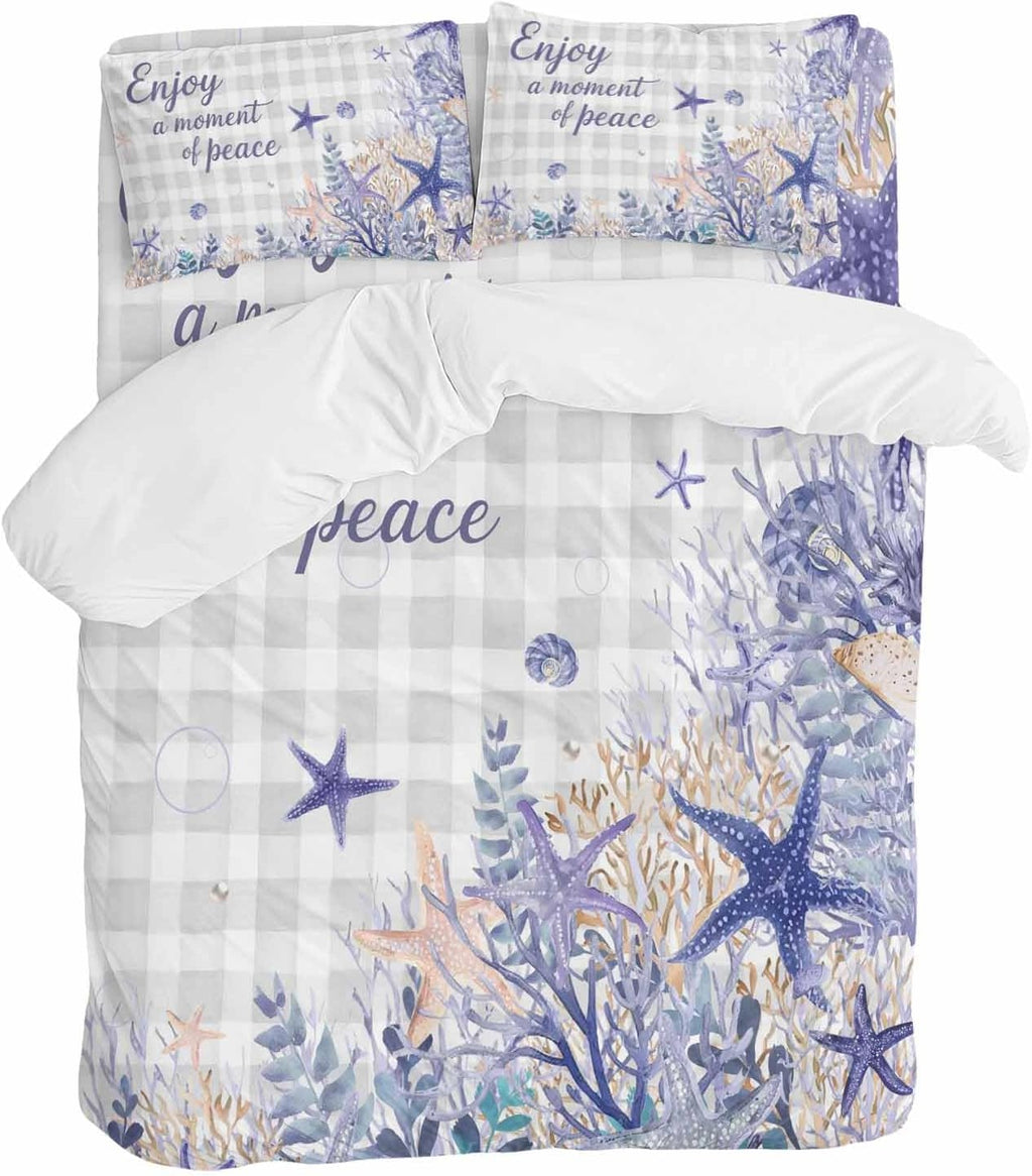 Purple Ocean Duvet Cover Set Queen Size 4 Pieces Enjoy A Moment of Peace Beach Starfish Shell Gray Plaid Bedding Set with Zipper Closure, 1 Comforter Cover 90x92 Inches 1 Flat Sheet & 2 Pillow Cases